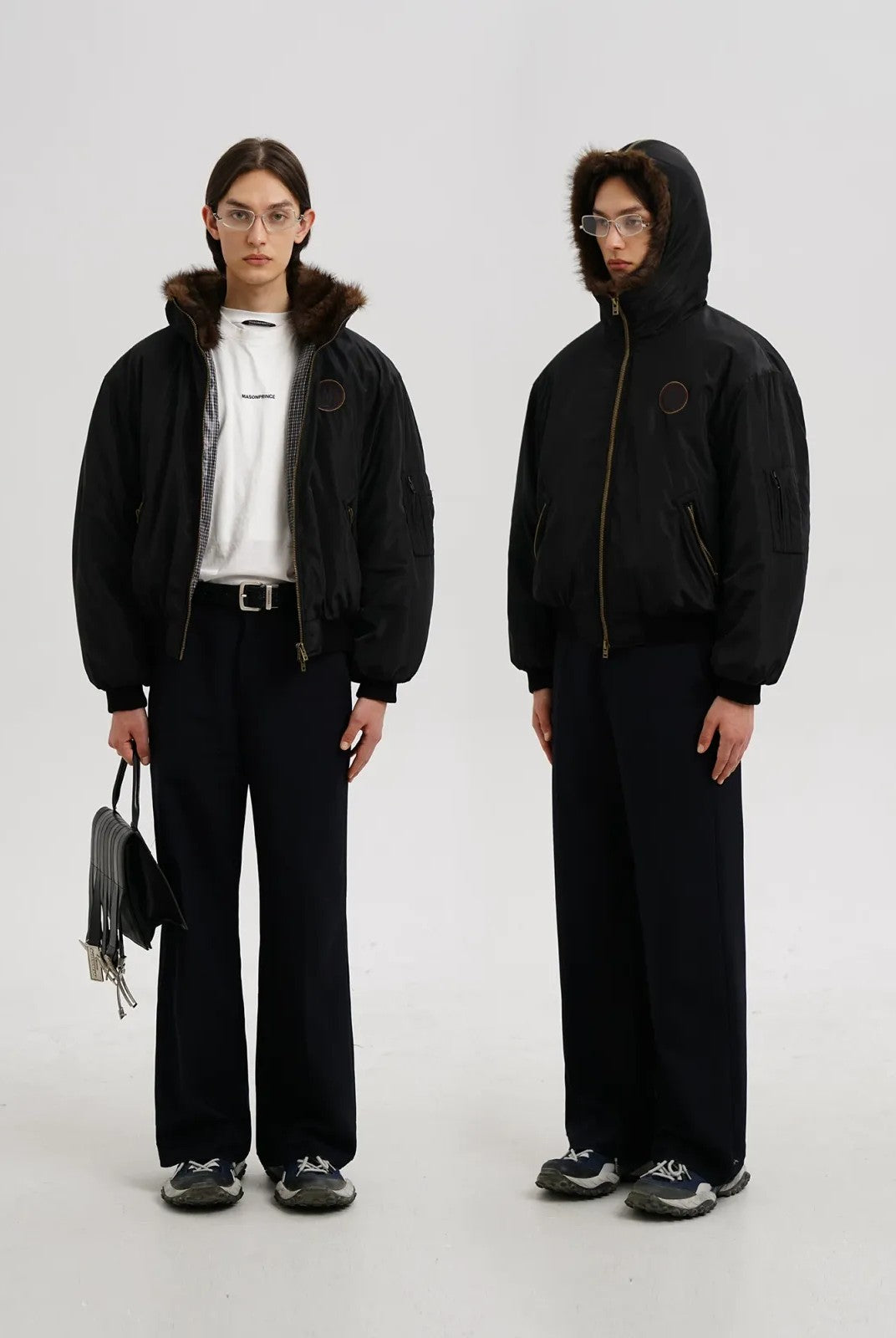 MASONPRINCE Faux Fur Hooded Puffer Bomber in Black - On Model