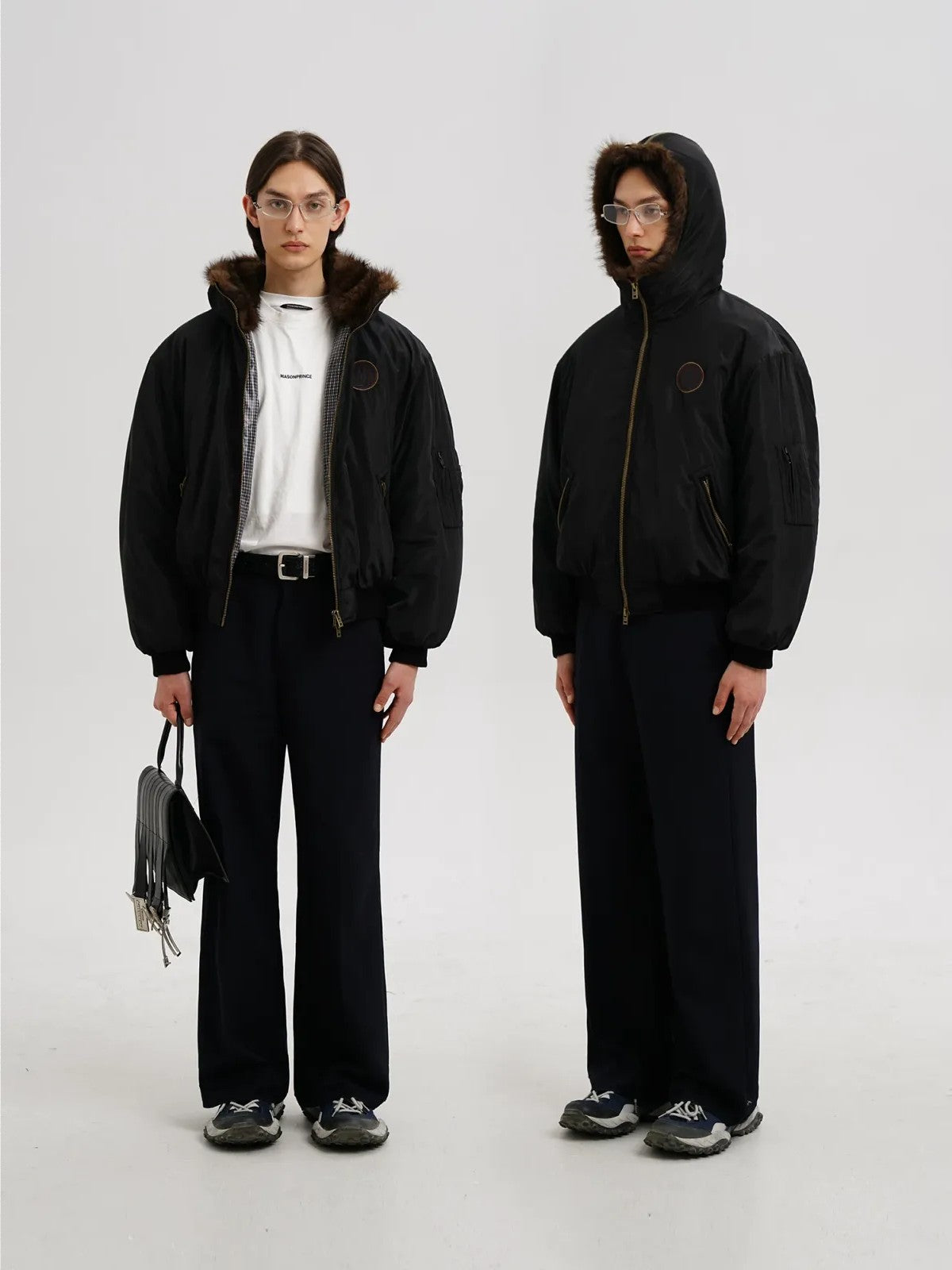 MASONPRINCE Faux Fur Hooded Puffer Bomber in Black - On Male Model