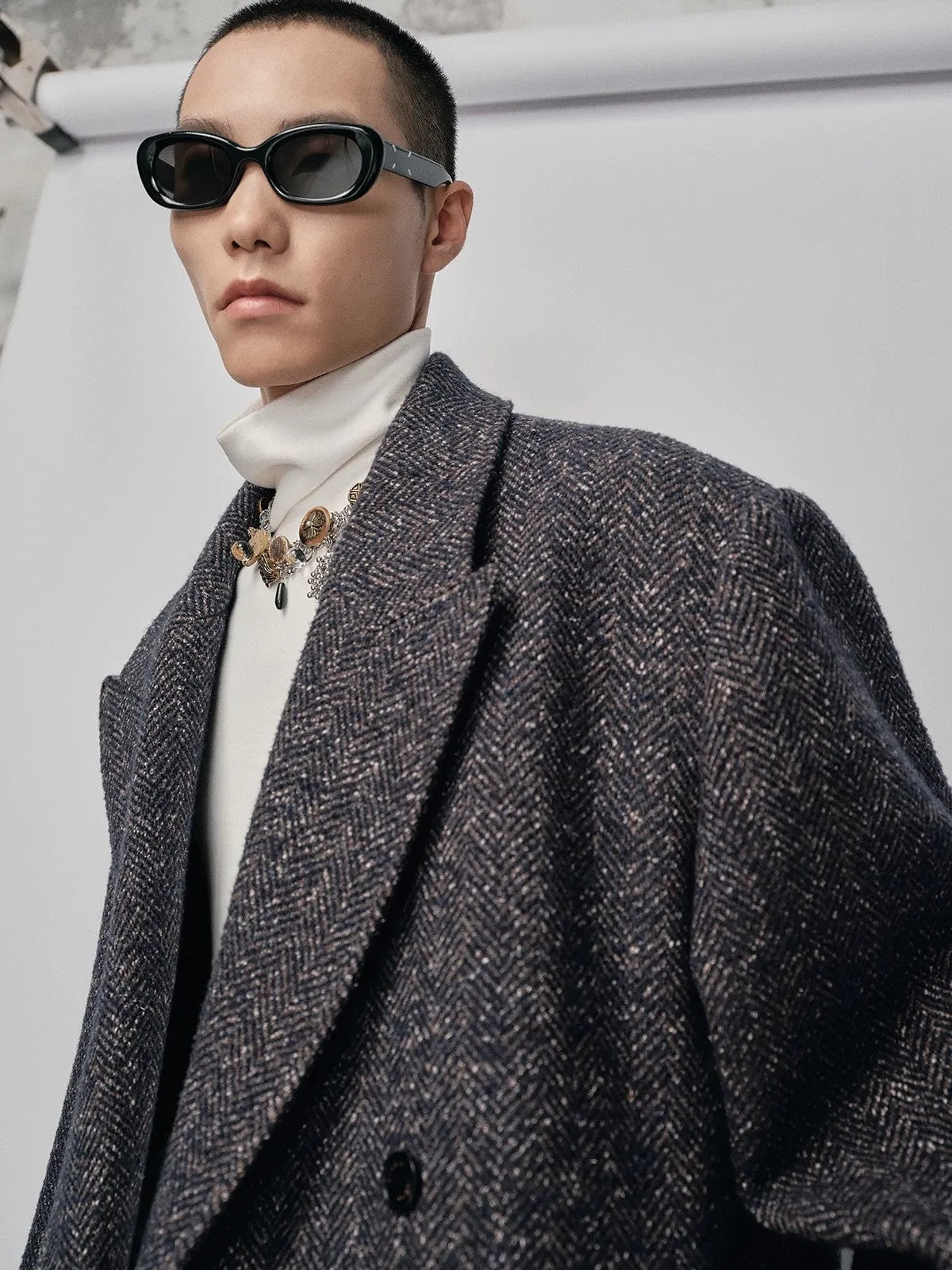 NANS Double Breasted Peak Lapel Wool Coat in Navy Blue - On Male Model