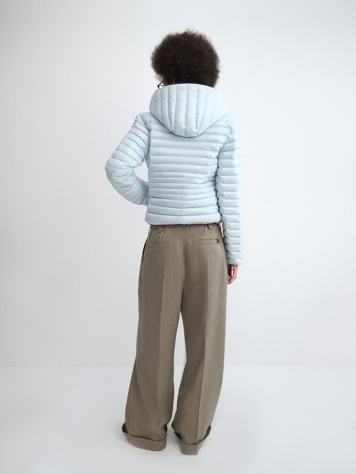 RARELY ALIKE Detachable Hood Down Puffer in Sky Blue - On Model