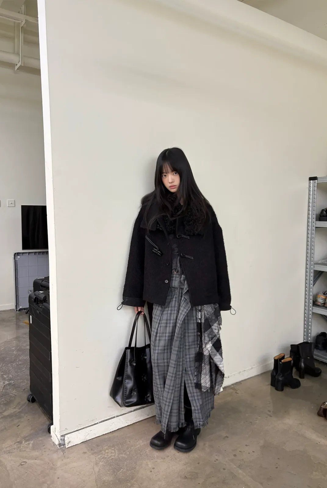 NeverSeez Plaid Pleated Skirt with Detachable Waist in Gray - On Model