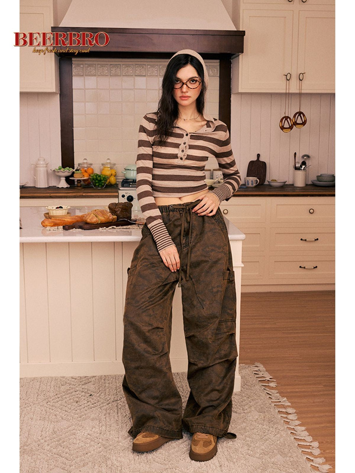 BeerBro Washed Camo Parachute Cargo Pants in Brown - On Model