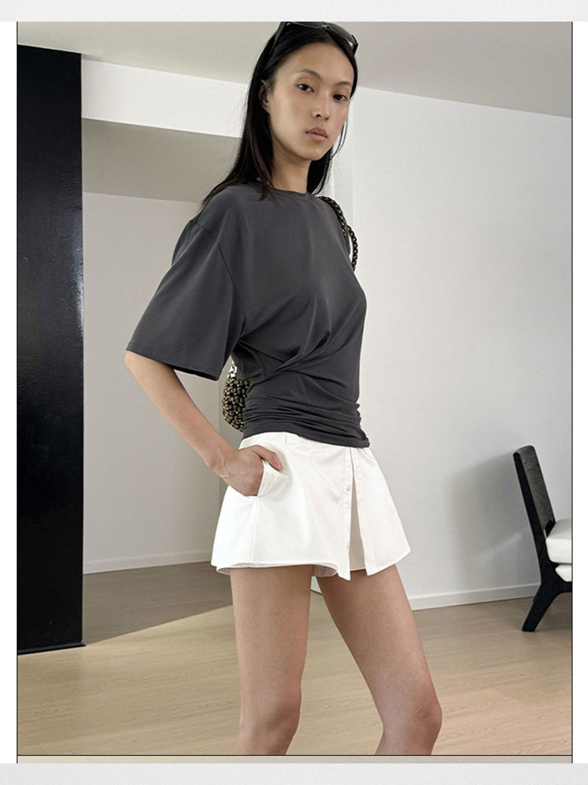 RARELY ALIKE Asymmetrical Ruched Waist Tee in Gray - On Model