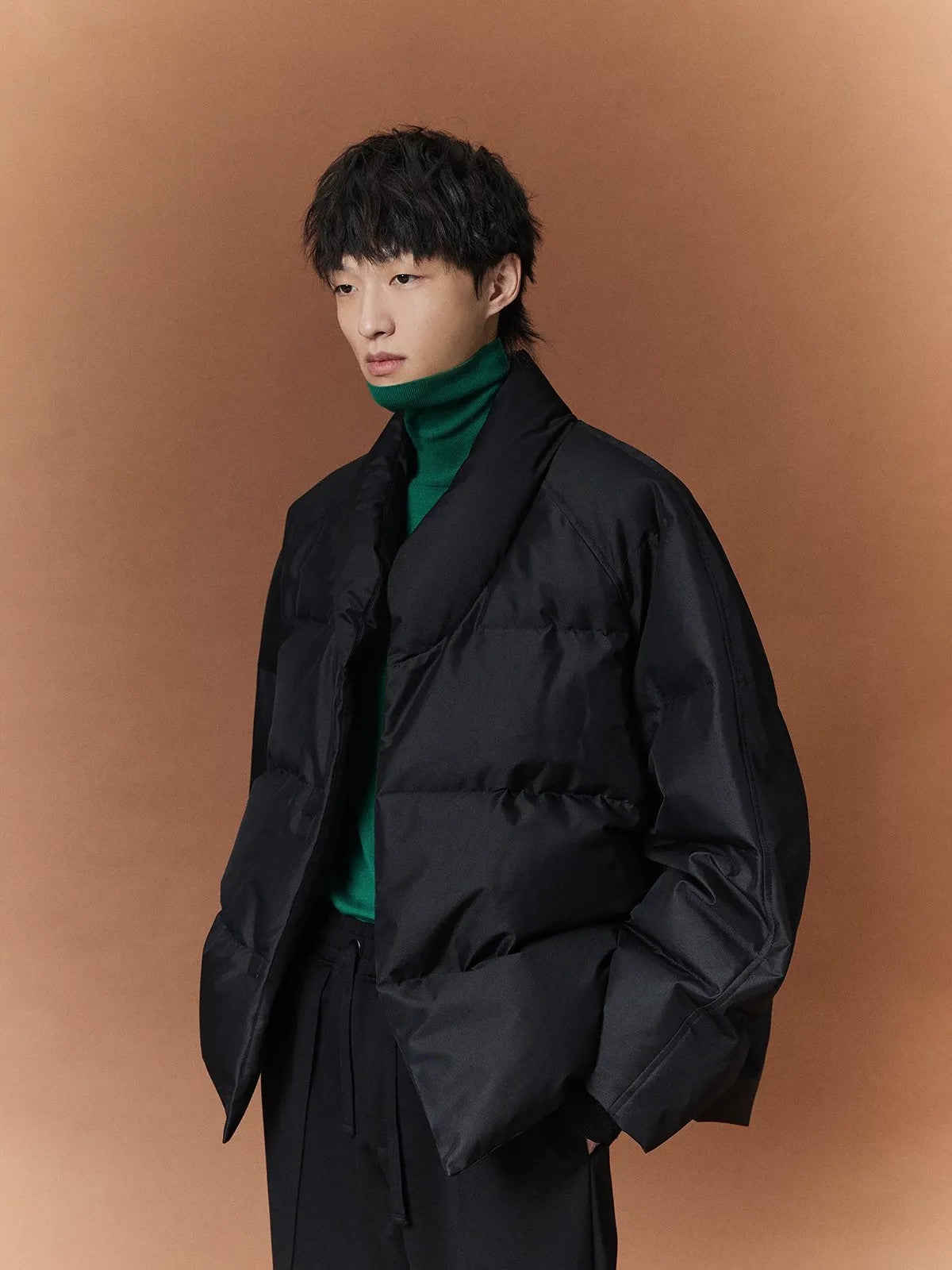 NANS Kimono Collar Down Puffer in Black - On Model
