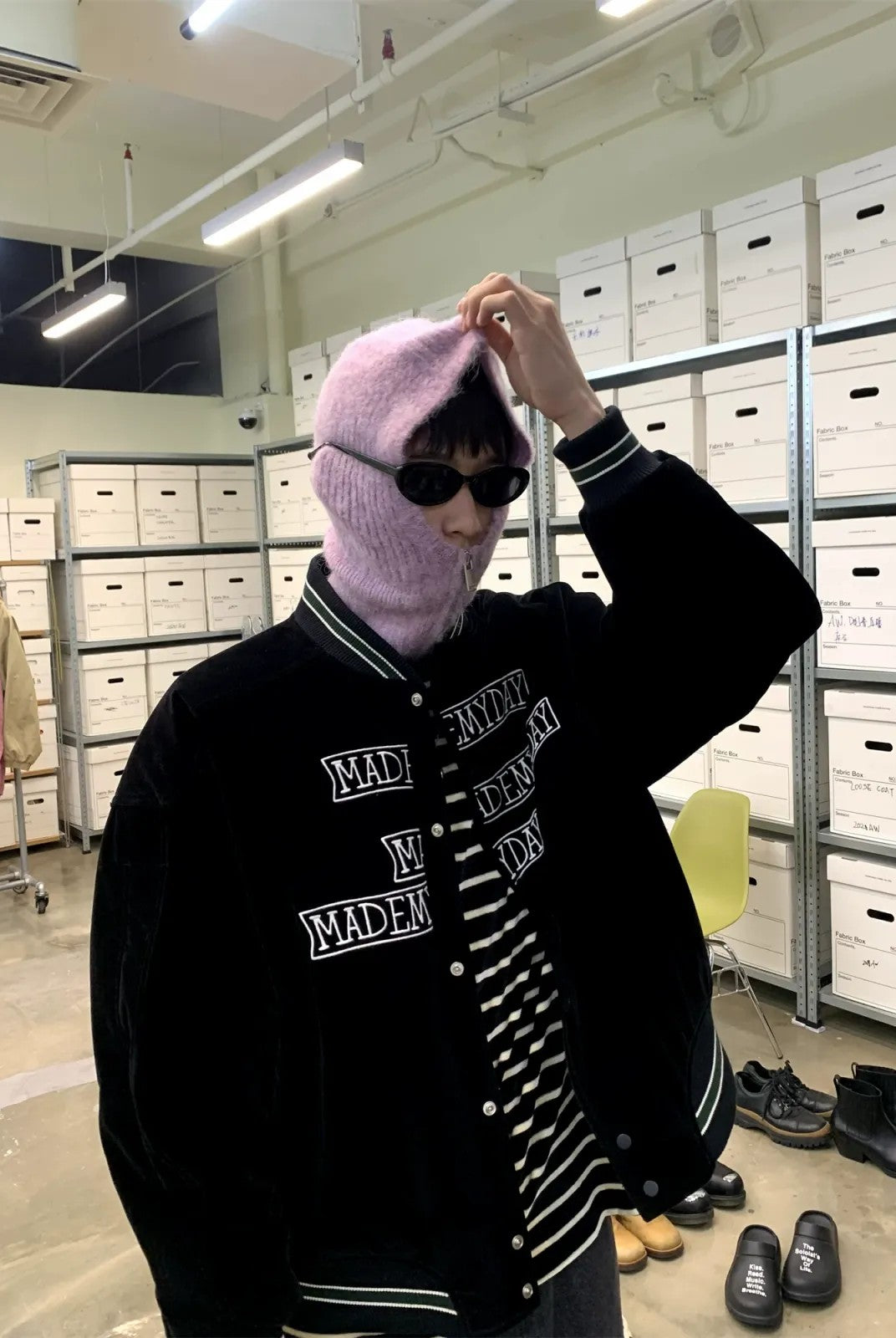 NeverSeez Velvet Corduroy Padded Varsity Jacket in Black