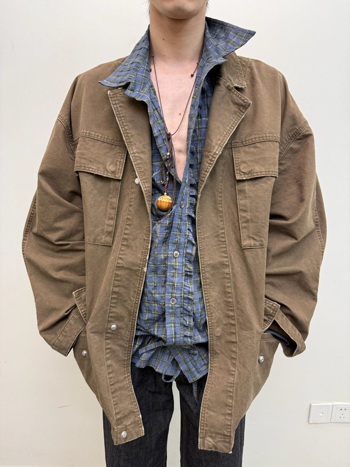 NeverSeez Washed Cotton Workwear Jacket in Brown - On Male Model