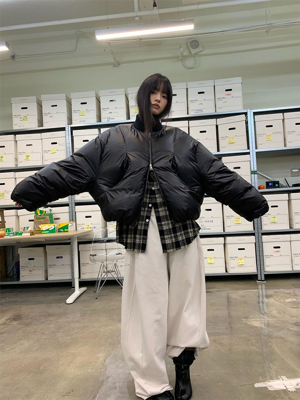 NeverSeez 90 Down Ruched Sleeve Puffer in Black - On Female Model