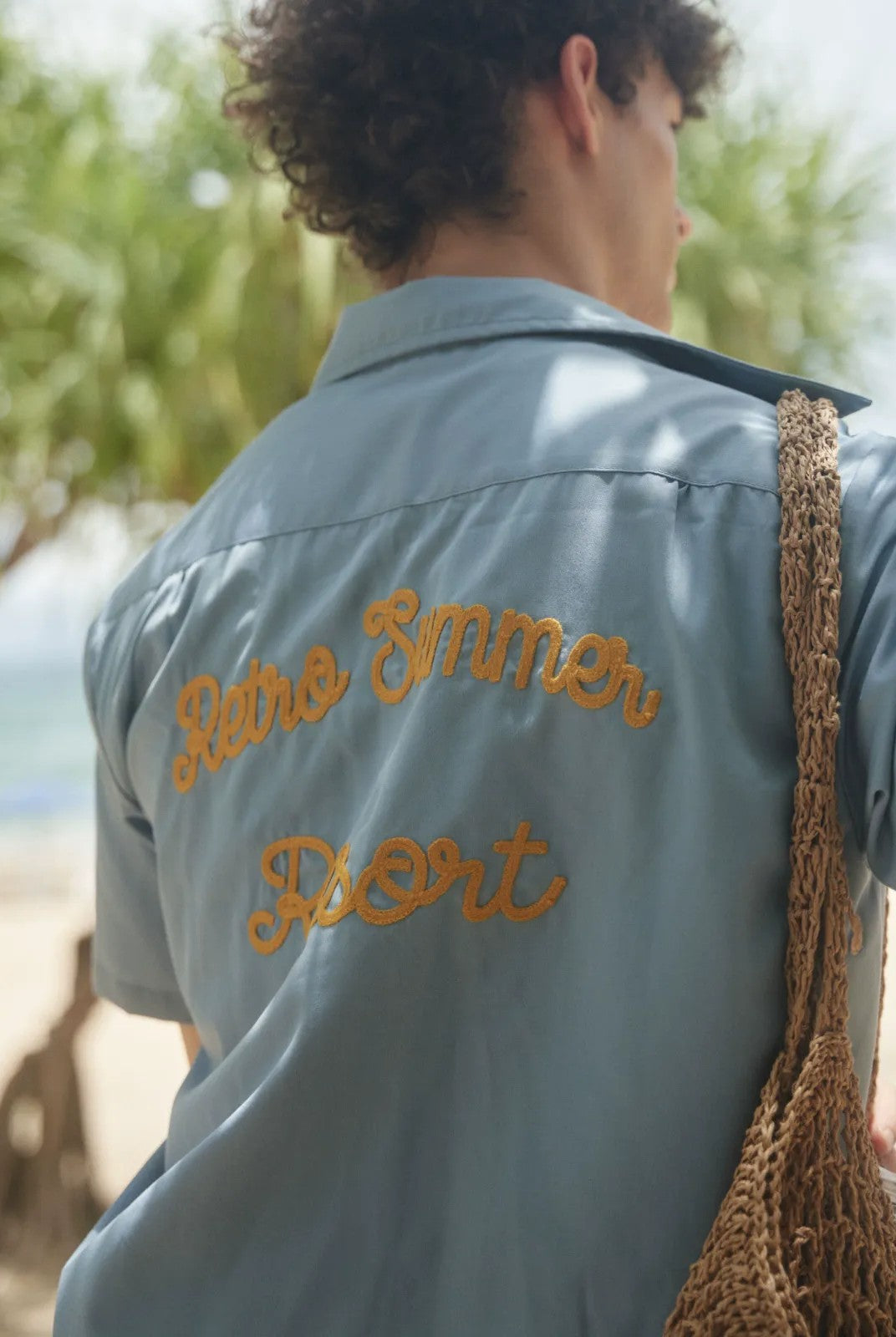 Retro 21 Chenille Embroidered Camp Collar Shirt in Blue - On Model