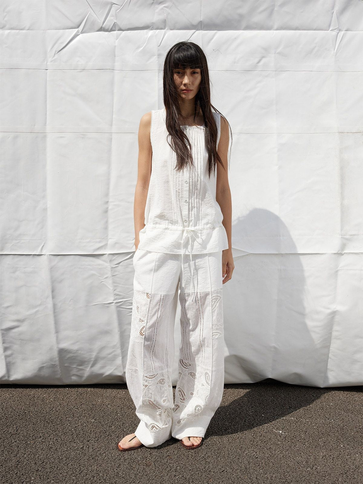 RandomPiece Hollow Out Embroidered Pants in White - On Model