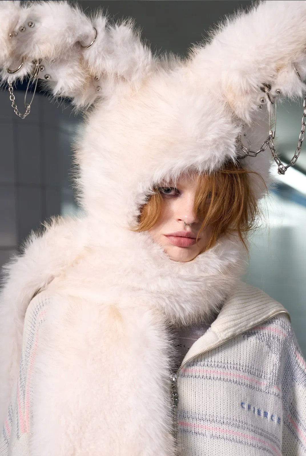 CFIERCE Pierced Faux Fur Bunny Hooded Scarf in White - On Model