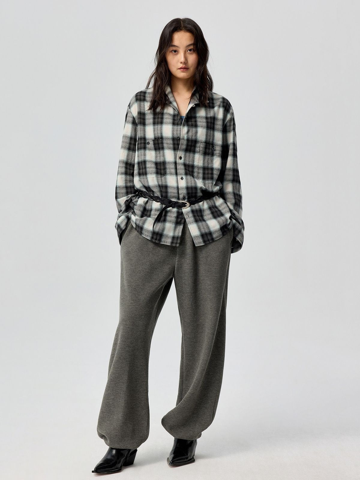 Simple Project Ombr Check Flannel Shirt in Black - On Female Model