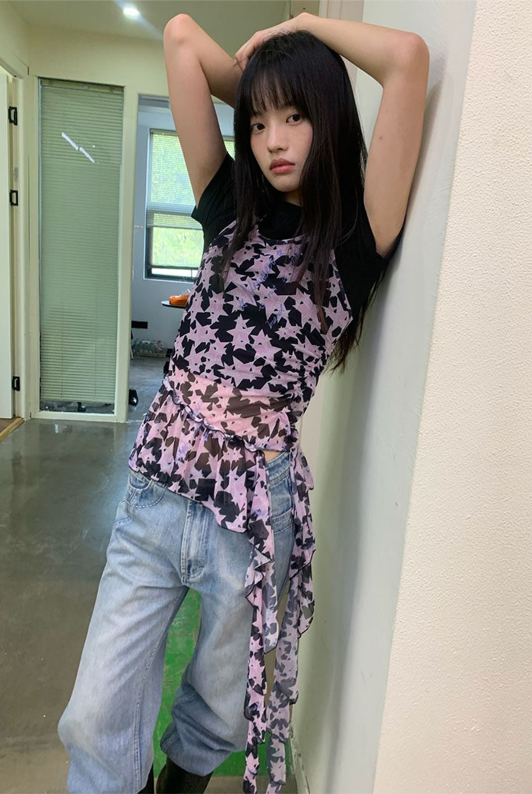 NeverSeez Asymmetric Mesh Streamer Tank in Star Pattern - On Model