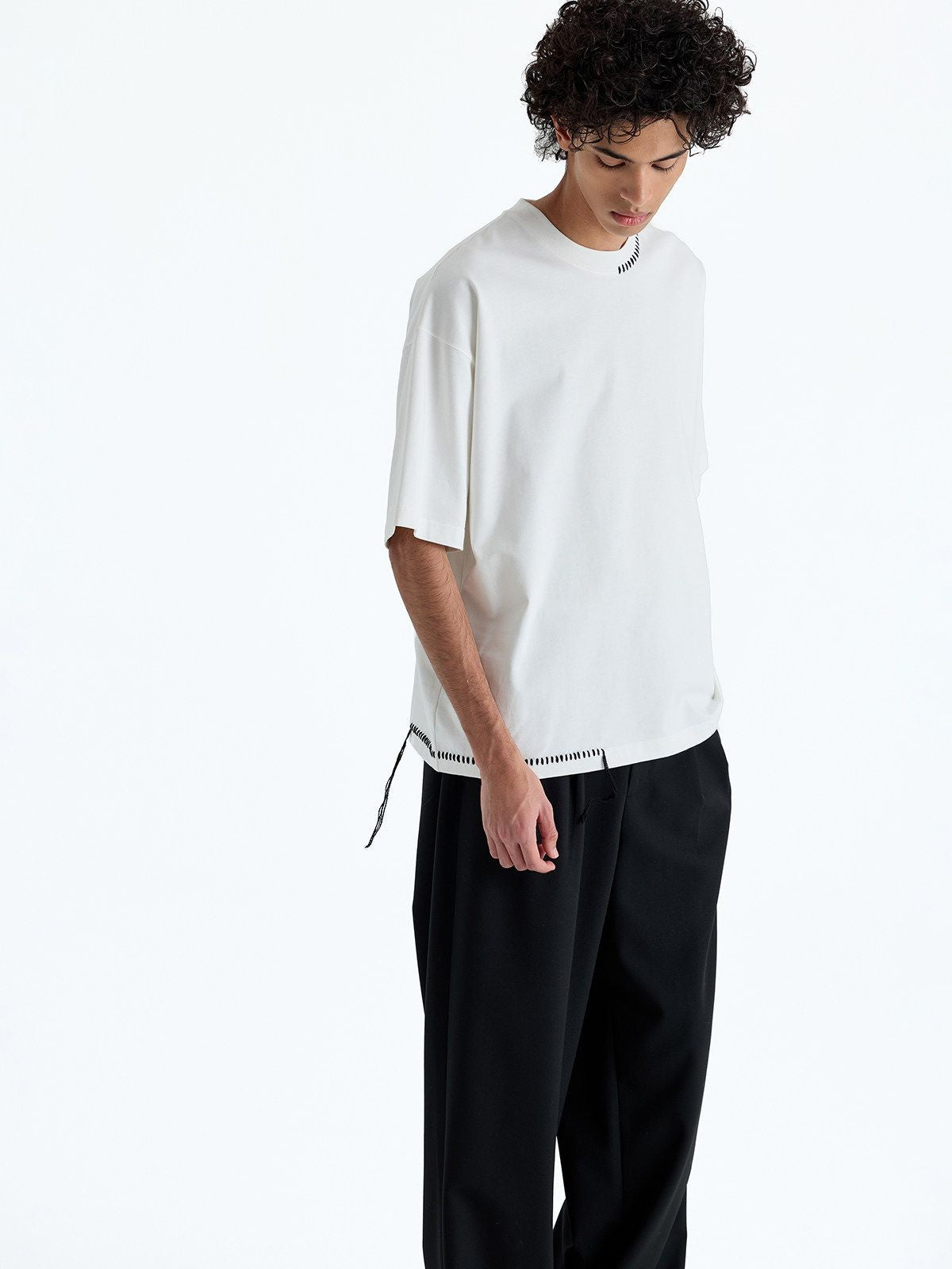 NANS Hand Stitched Fringe Oversized Tee in White - On Model