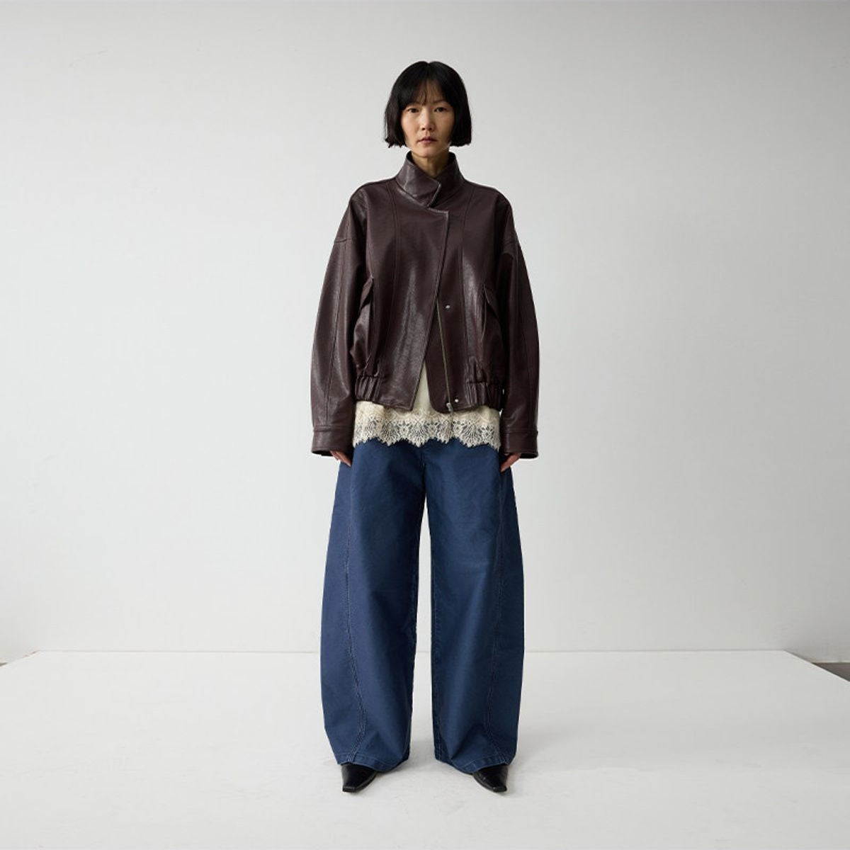 RandomPiece Elastic Hem Faux Leather Jacket in Brown - On Model