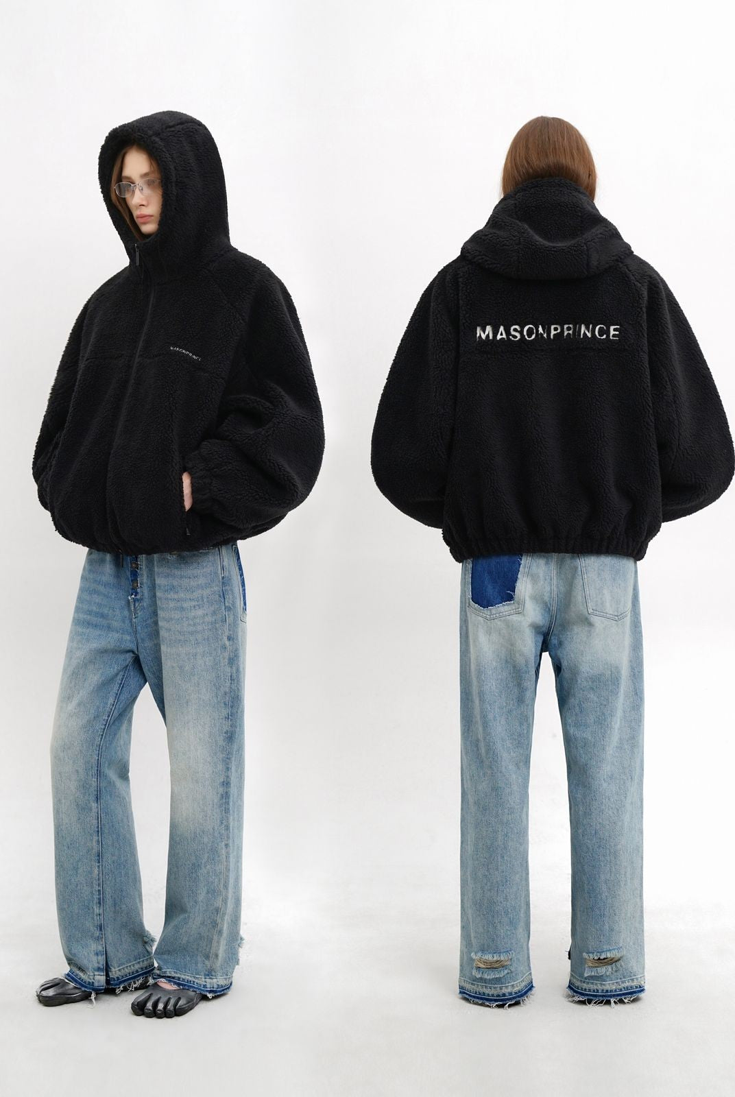 MasonPrince Contrast Logo Fleece Hooded Jacket in Black - On Model