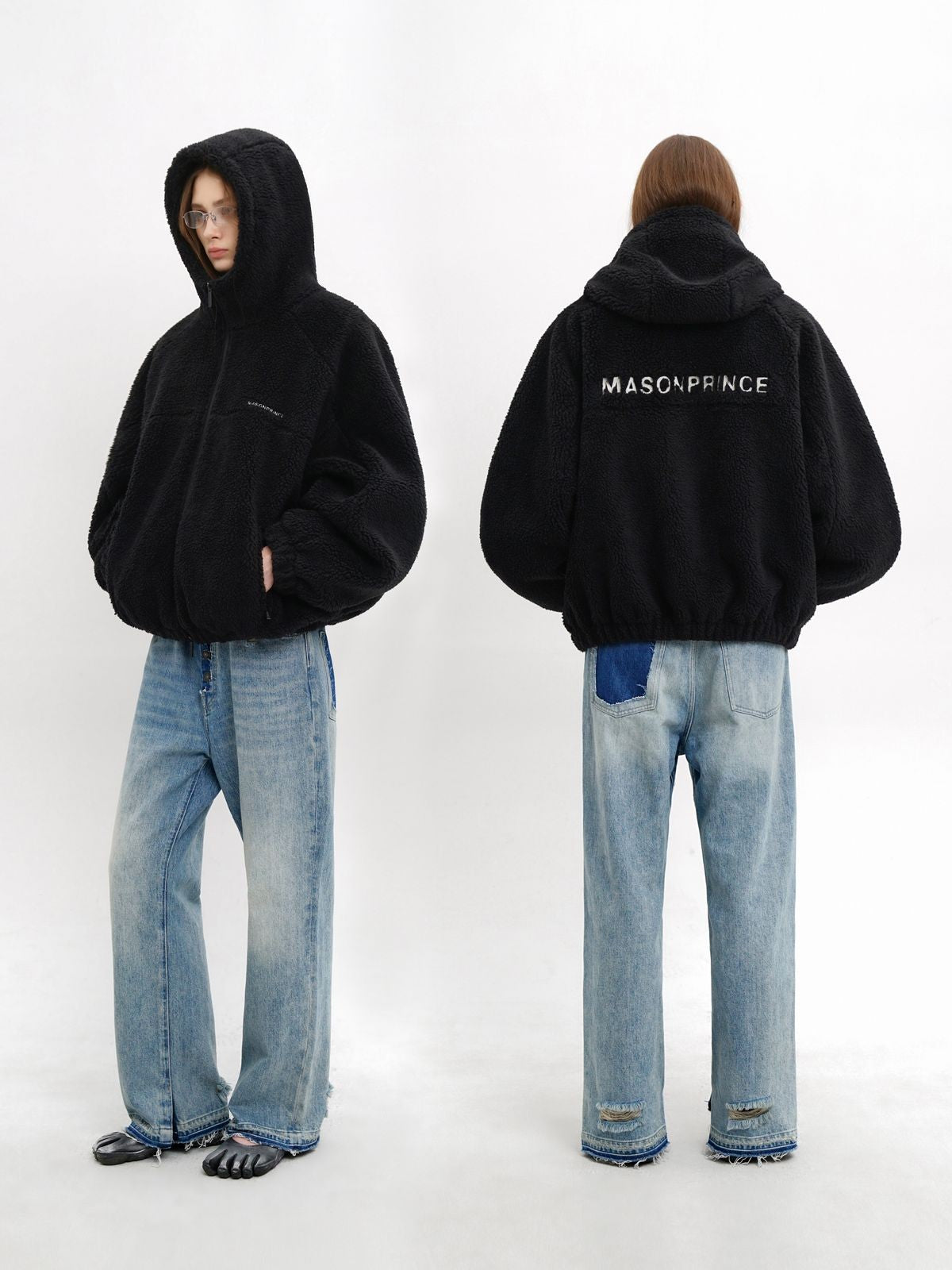 MasonPrince Contrast Logo Fleece Hooded Jacket in Black - On Model