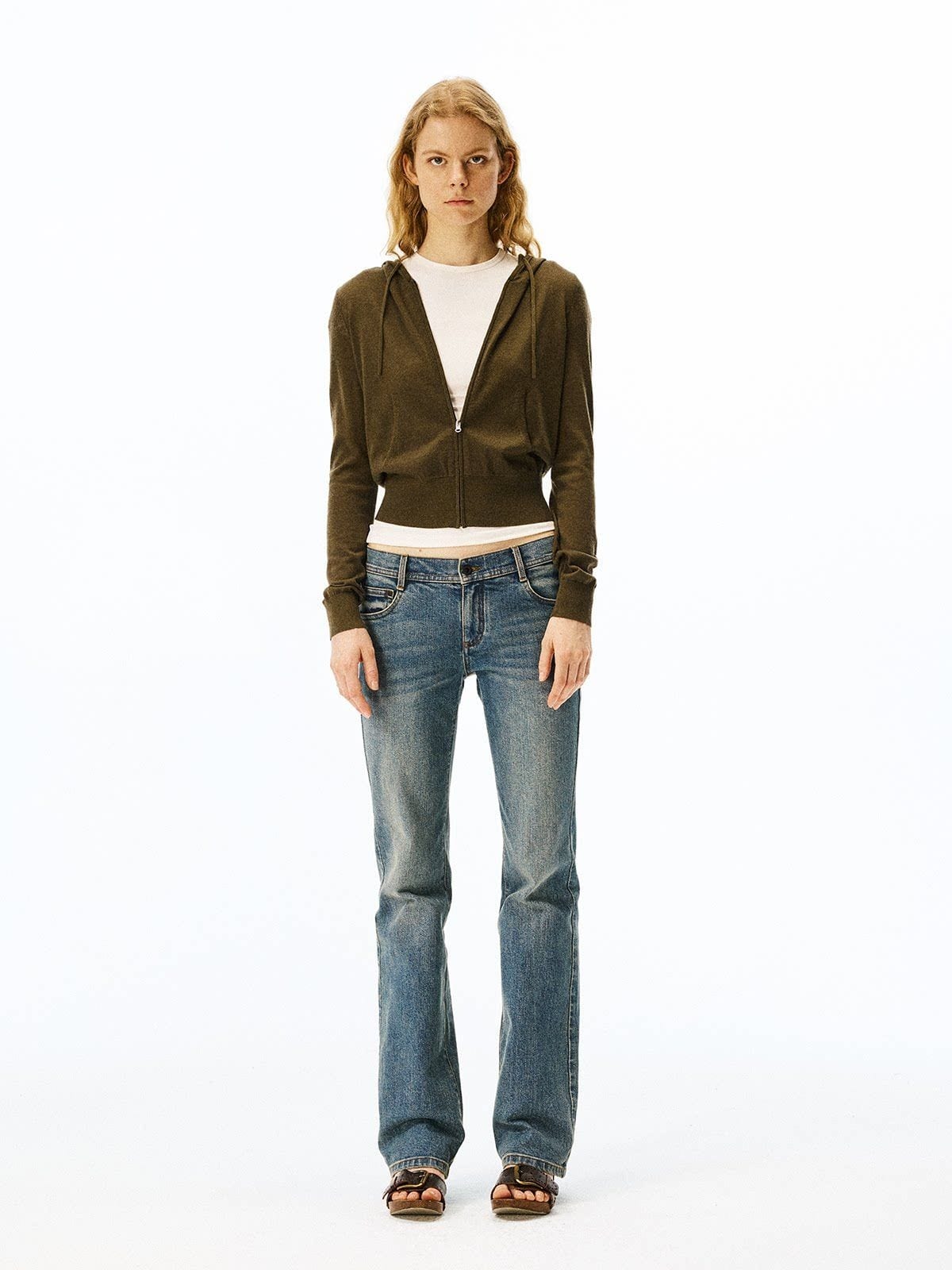 Alright then Zip Up Merino Wool Hoodie in Olive - On Model