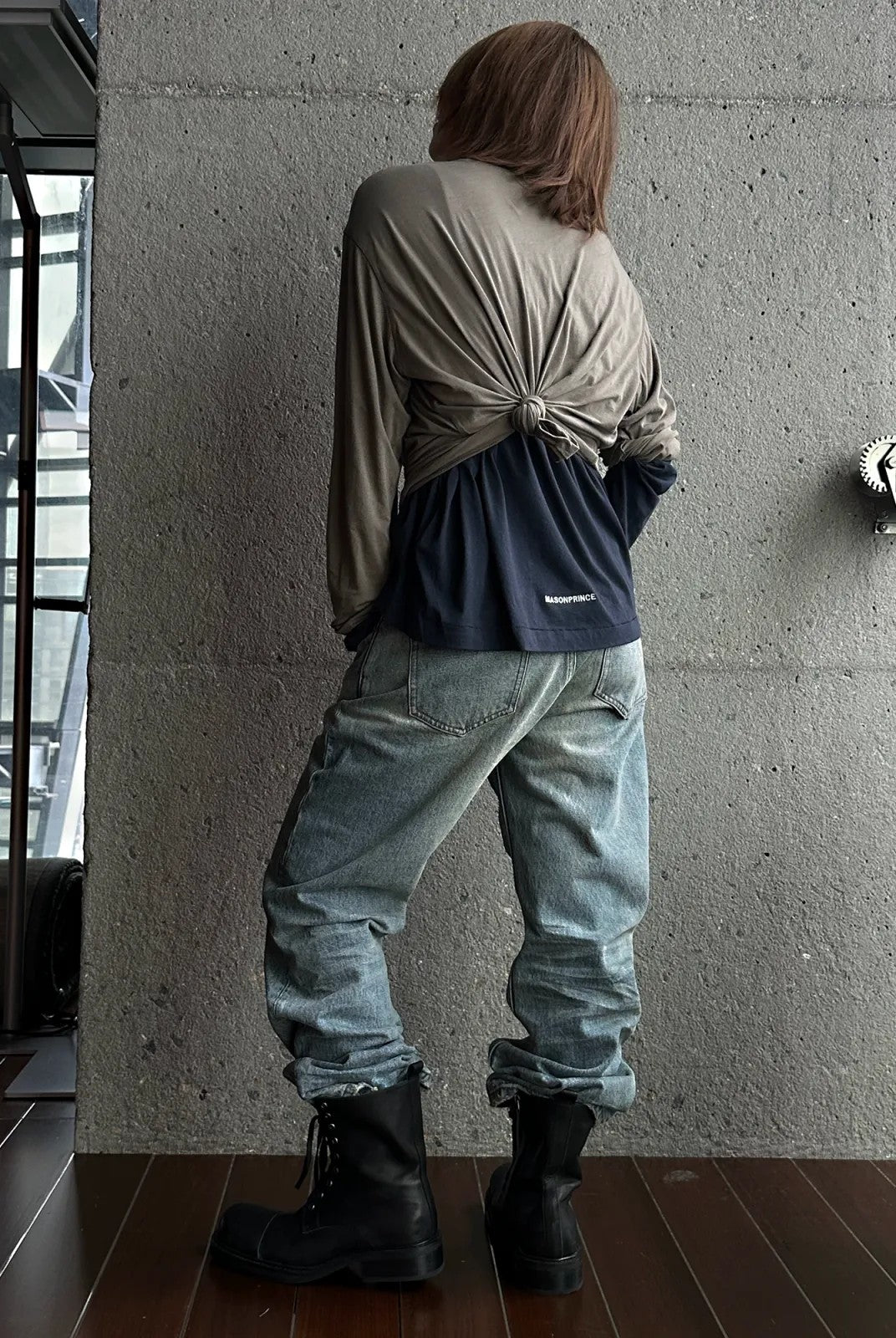 MASONPRINCE Lightweight Cotton Long Sleeve Tee in Navy Blue - On Model