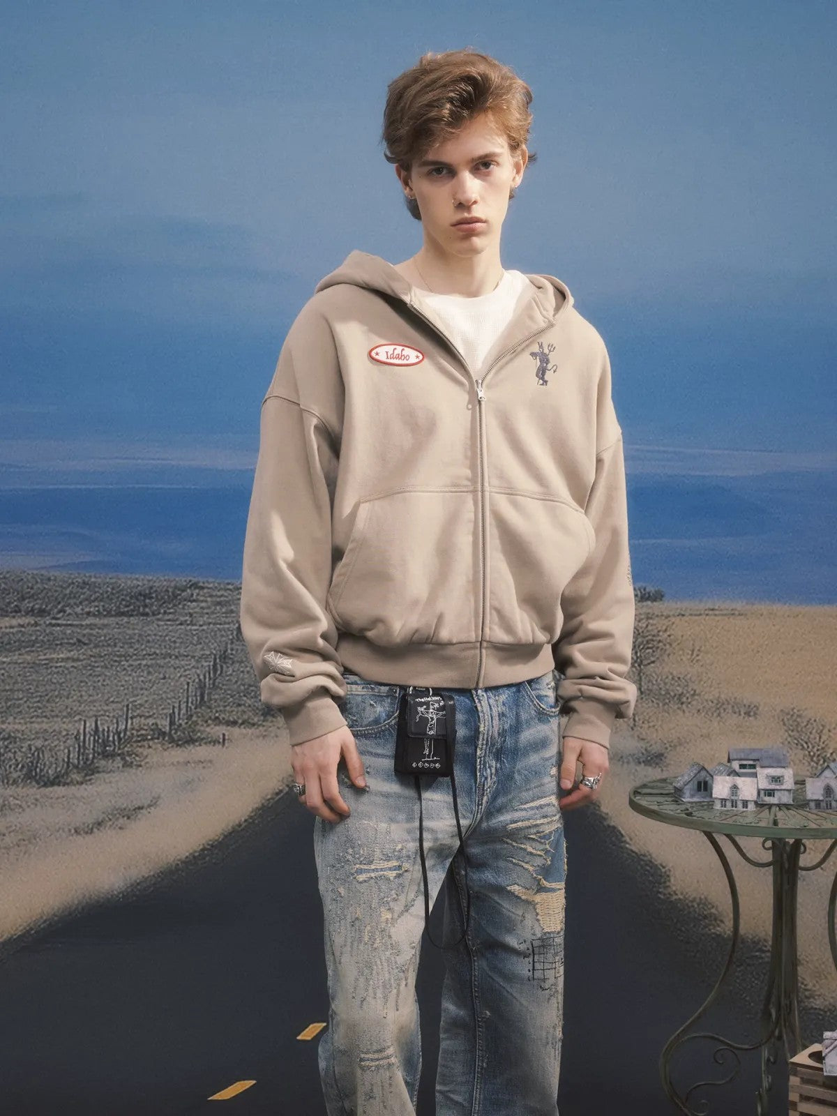 SOD Reversible Rhinestone Zip Hoodie in Beige - Lifestyle