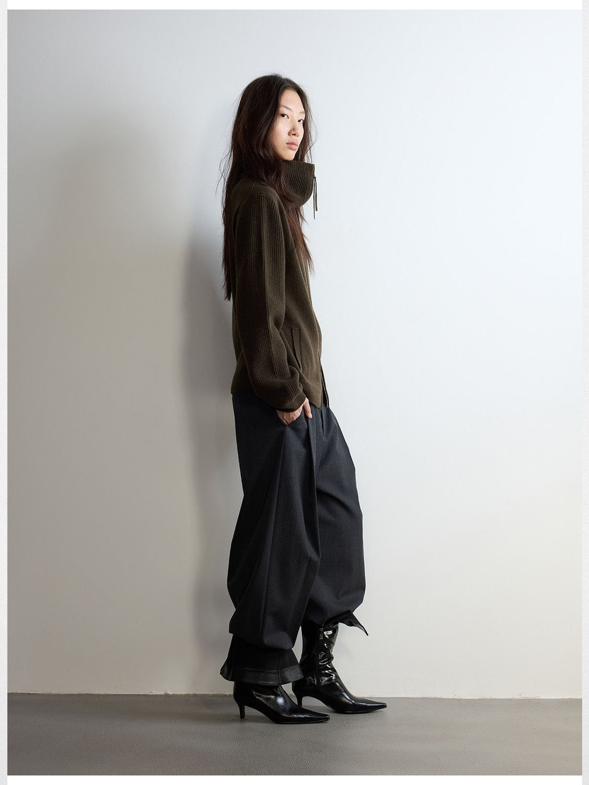 RandomPiece Single Pleat Merino Wool Trousers in Gray - On Model