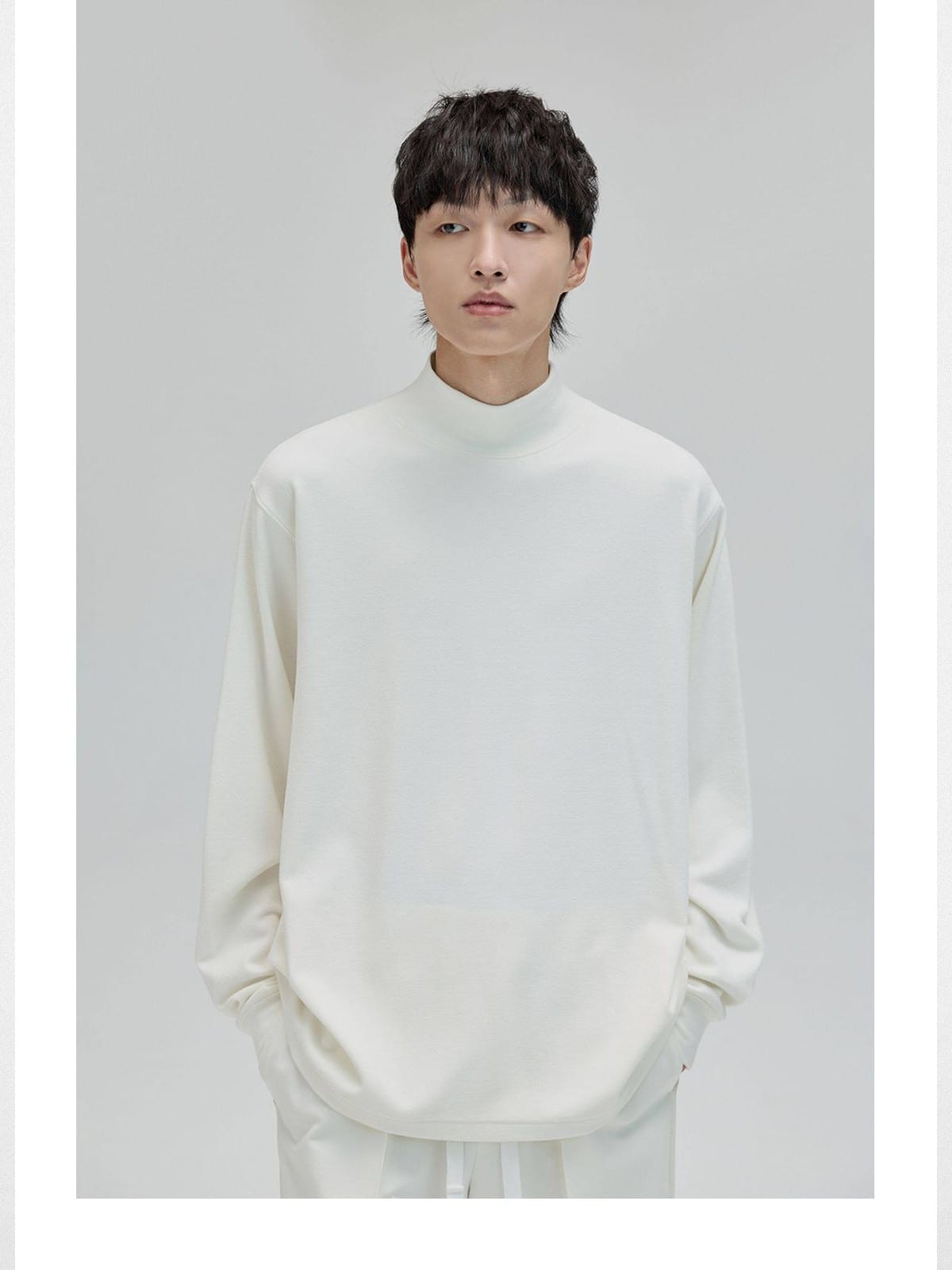 Nans Double Sided Fleece High Neck Tee in Cream - On Model