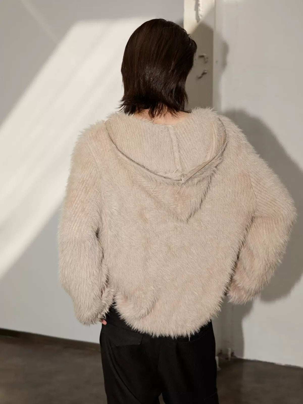 Y OFFICIAL Faux Mink Half Zip Hoodie in Beige - On Female Model