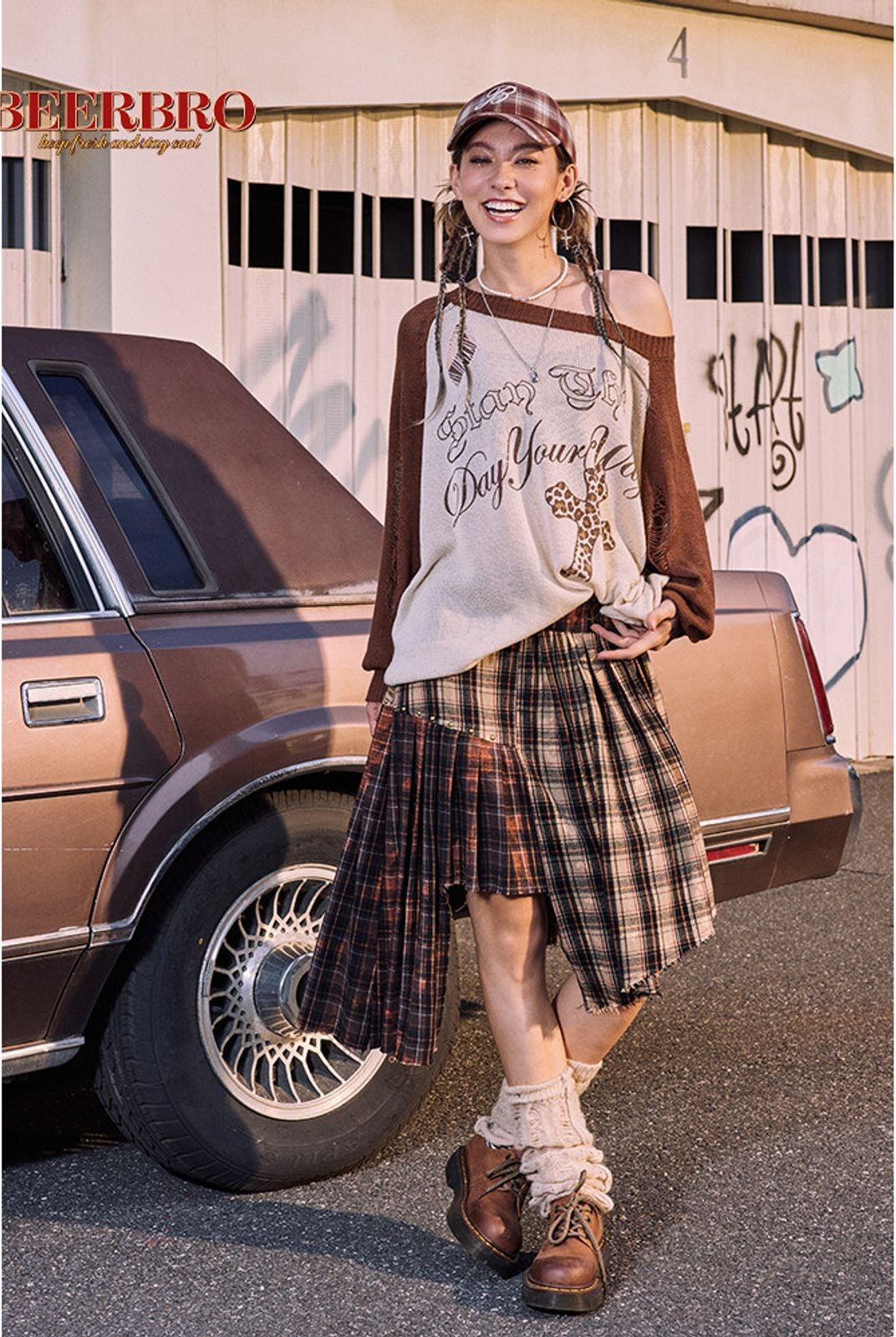 BeerBro Distressed Graphic Off Shoulder Sweater in White - Lifestyle