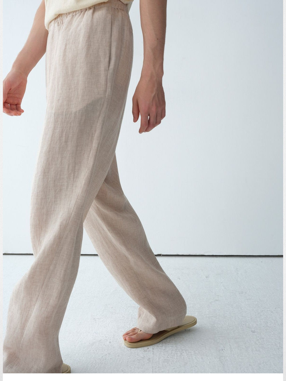 ROYA Elastic Waist Wide Leg Linen Trousers in Beige - On Model
