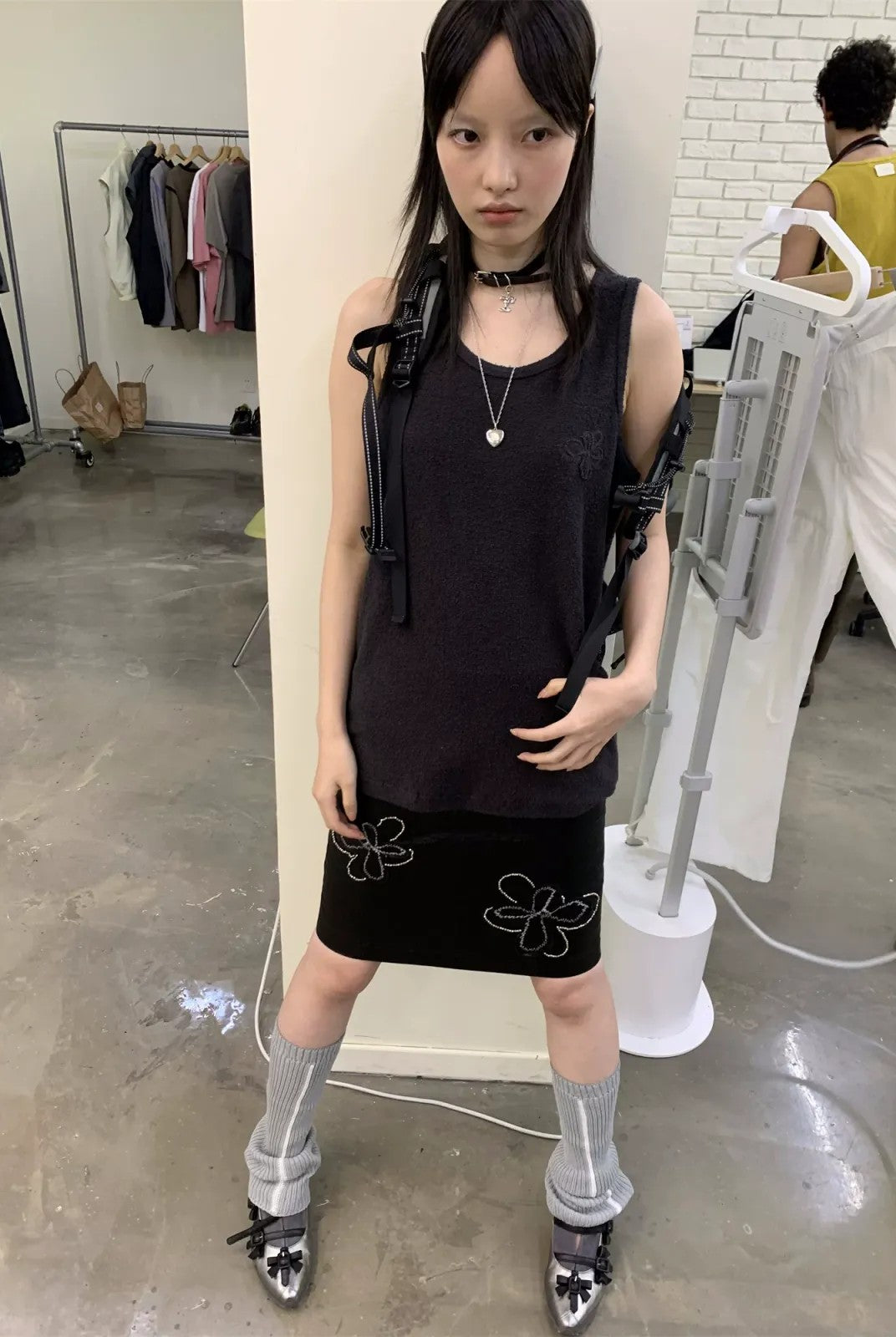 NeverSeez Beaded Floral Embroidered Coated Skirt in Black