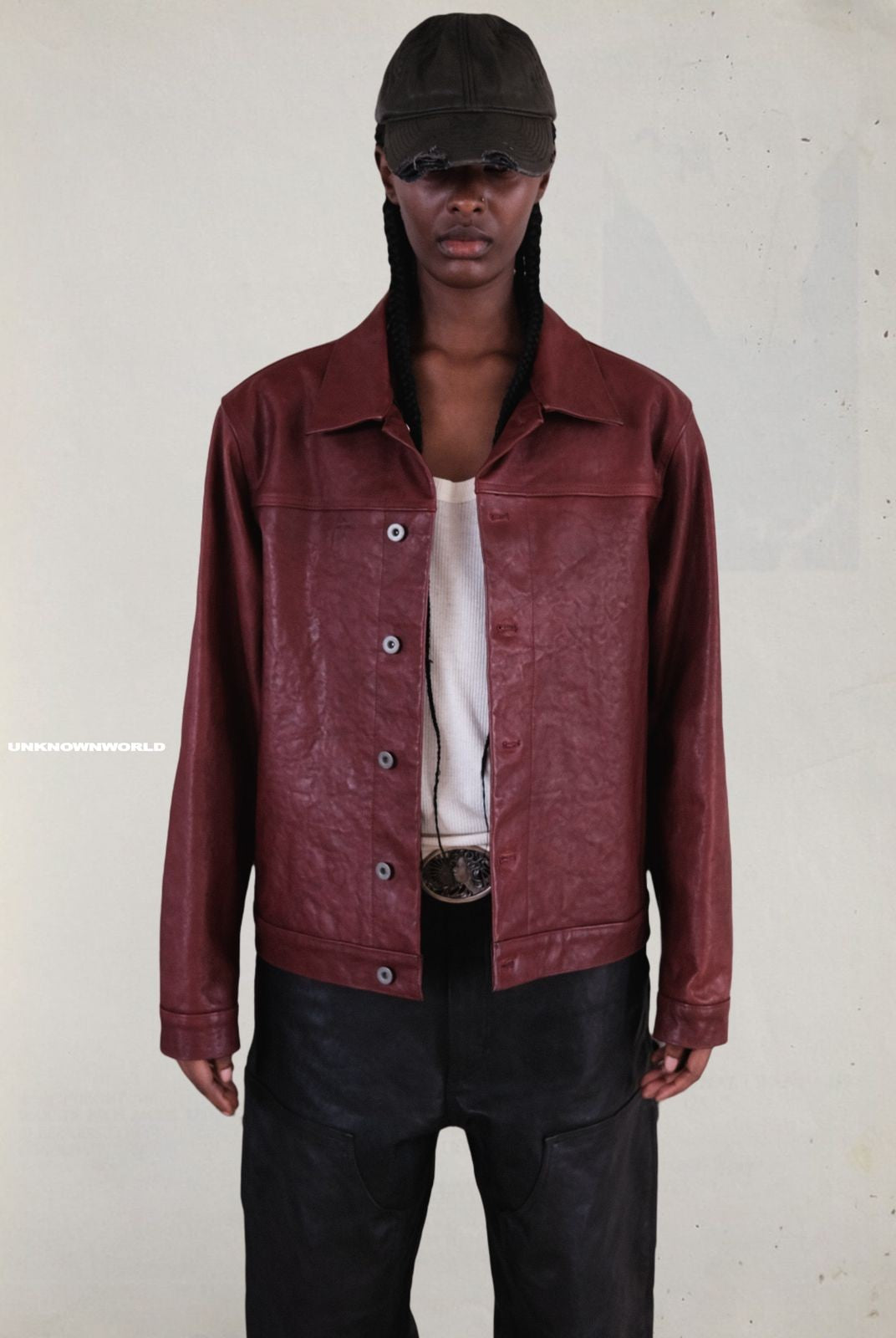 UNKNOWNWORLD Distressed Scarlet Leather Jacket in Red - On Model