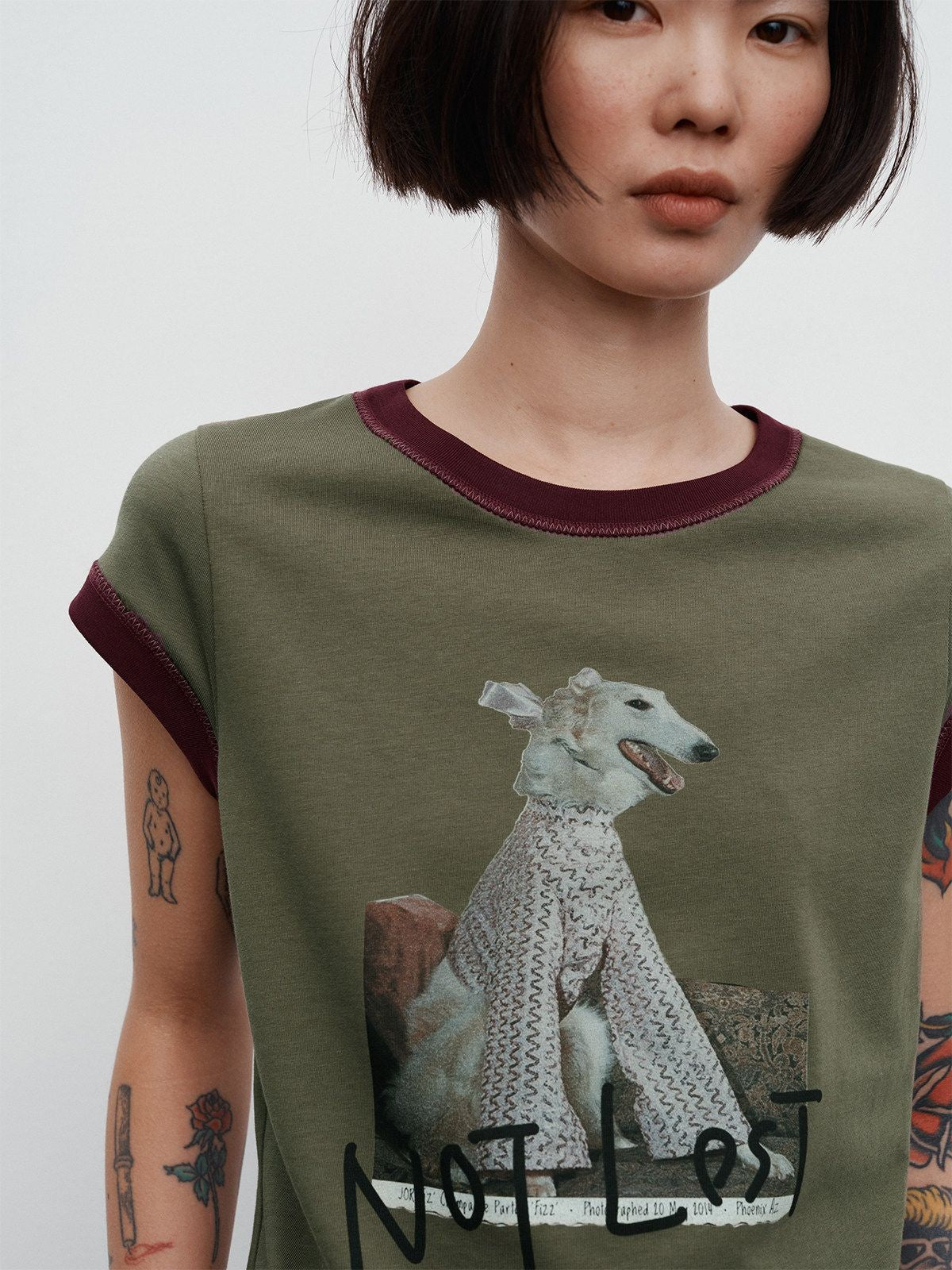 RandomPiece Dog Graphic Flutter Sleeve Tee in Olive - On Model