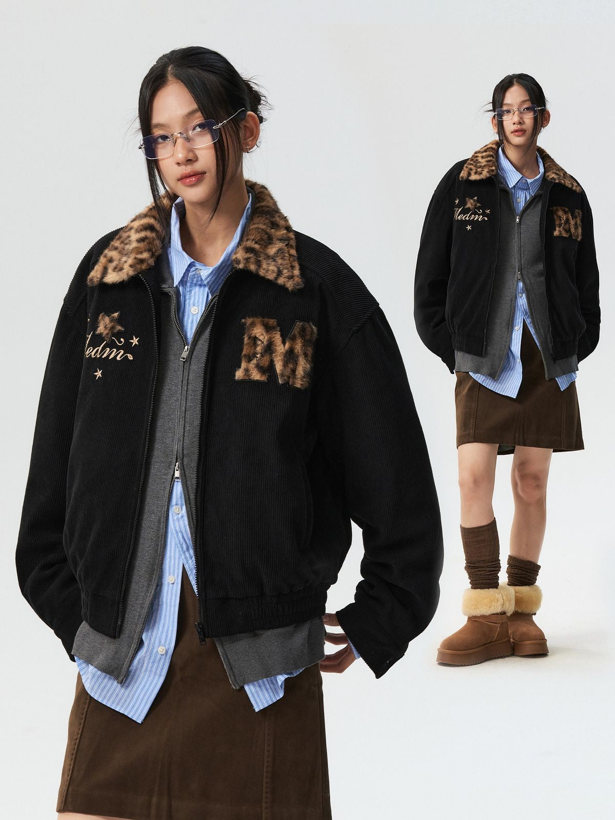 MEDM Leopard Collar Corduroy Padded Jacket in Black - On Female Model