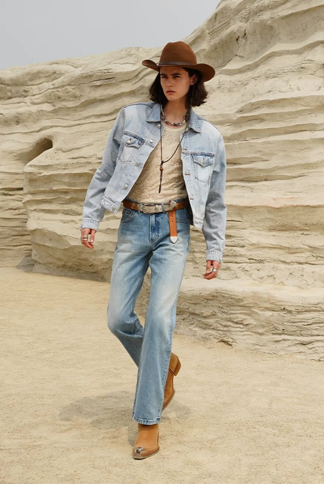 Retro 21 Washed Ice Blue Flared Jeans in Blue - On Model