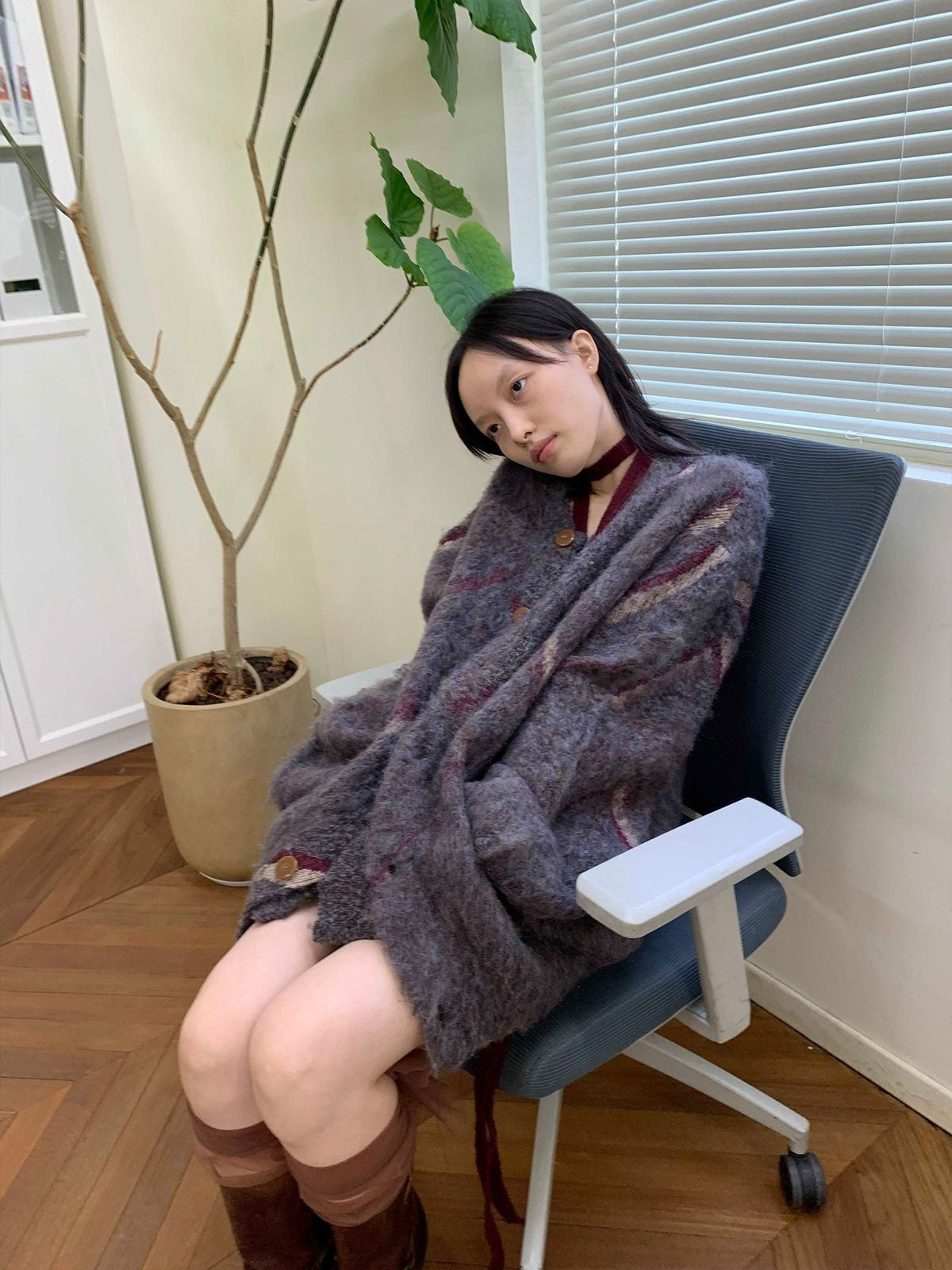 NeverSeez Plush Wool Blend Lantern Cardigan in Gray - On Female Model