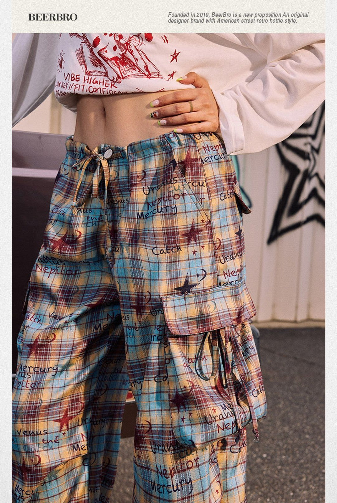 BeerBro Graffiti Plaid Strap Cargo Pants in Sky Blue