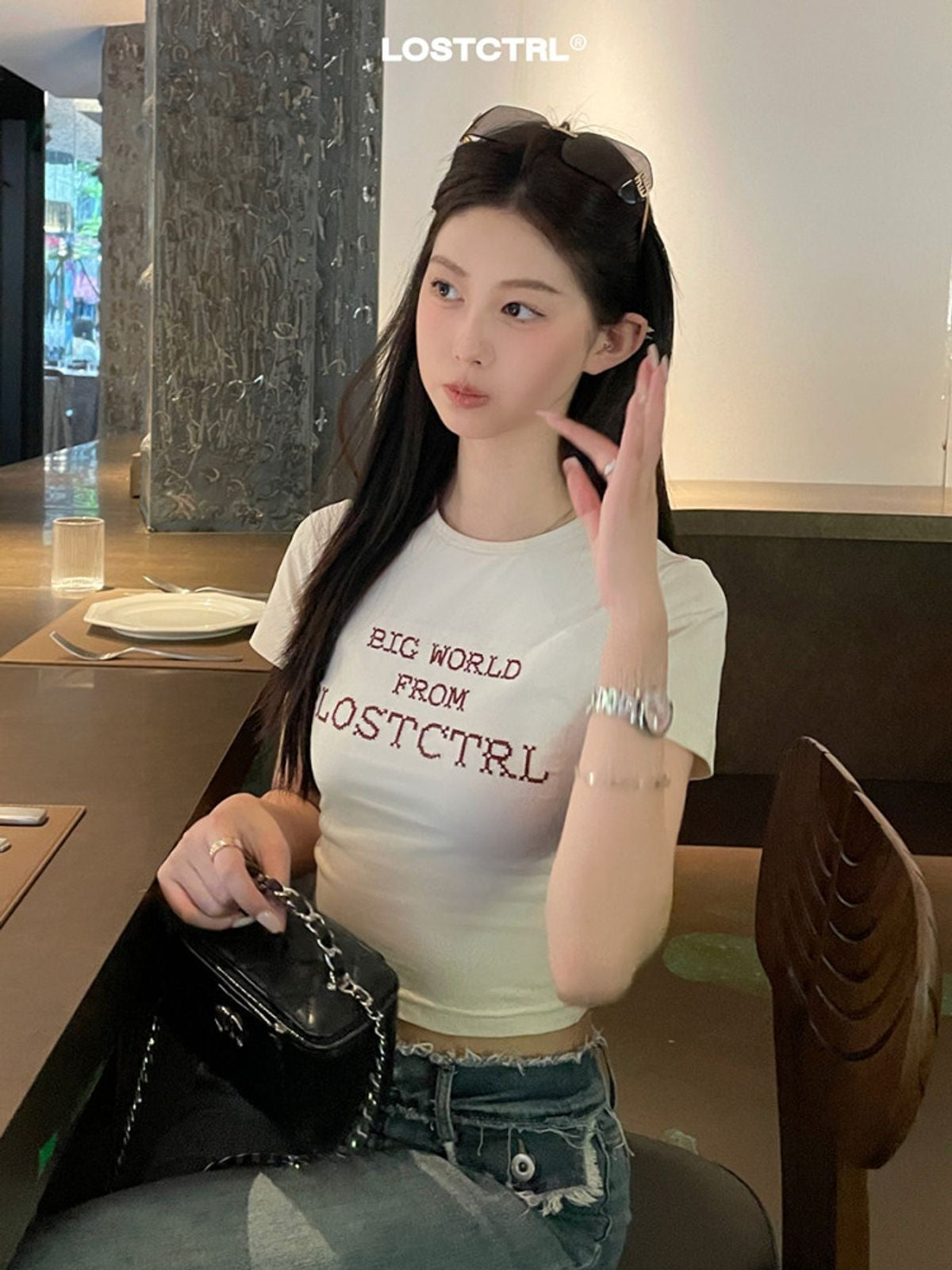 LOSTCTRL Cross Stitch Logo Cropped Tee in White - Lifestyle