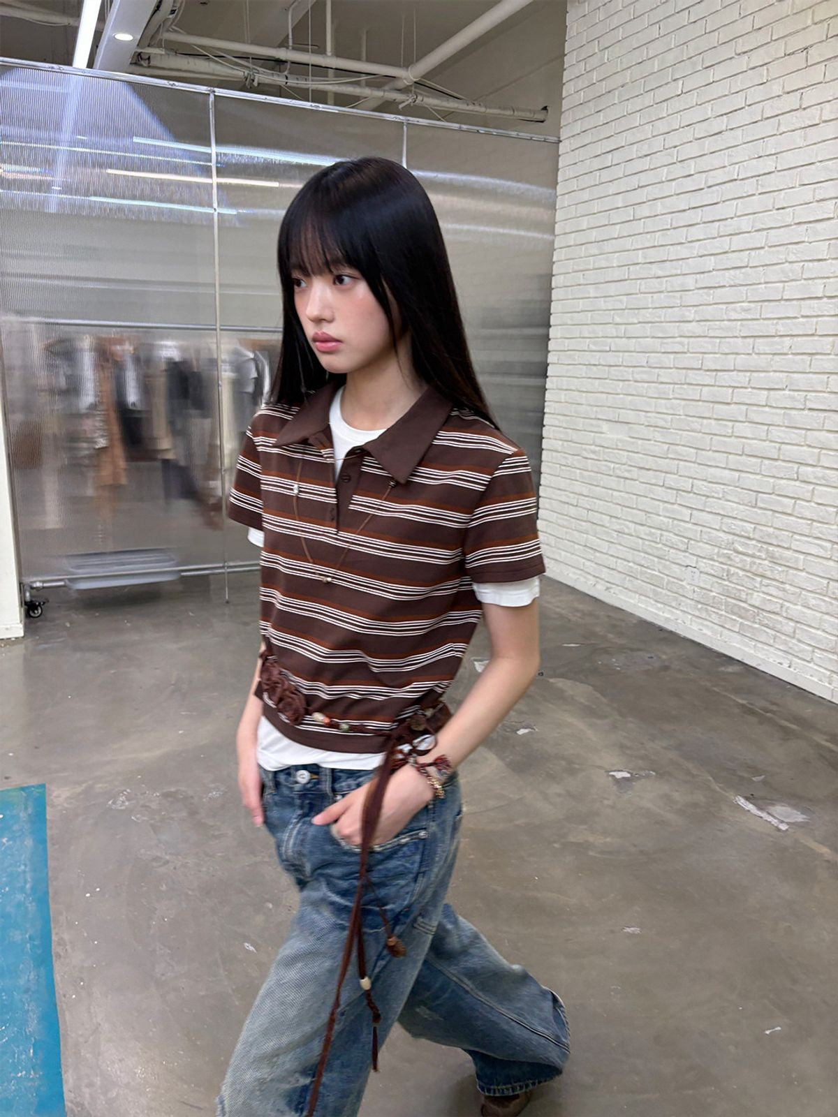 NeverSeez Striped Drawstring Cropped Polo in Brown - On Model