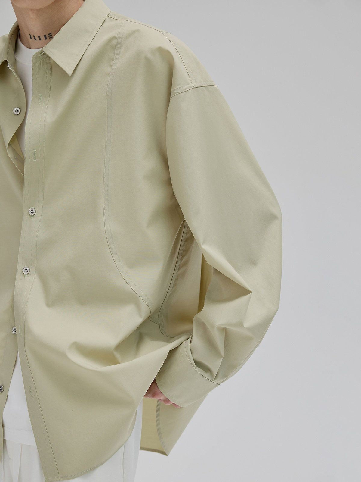 NANS Curved Seam Cotton Blend Shirt in Mint - On Model