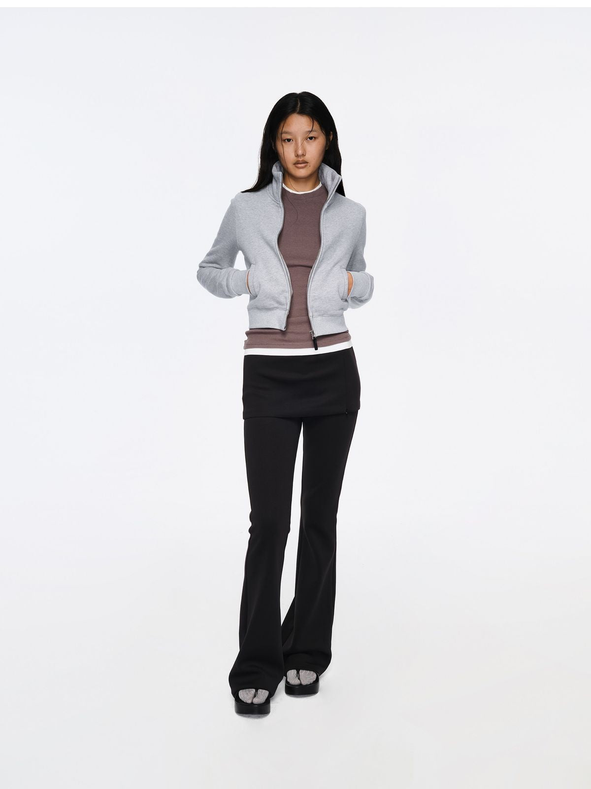 RARELY ALIKE Cropped Stand Collar Zip Jacket in Gray - On Model