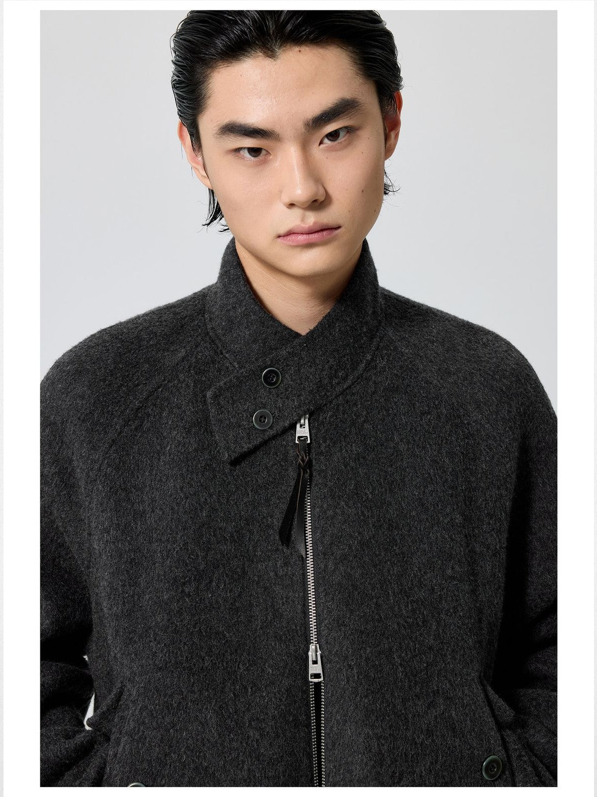 Simple Project Double Faced Wool Harrington Jacket in Gray - On Male Model