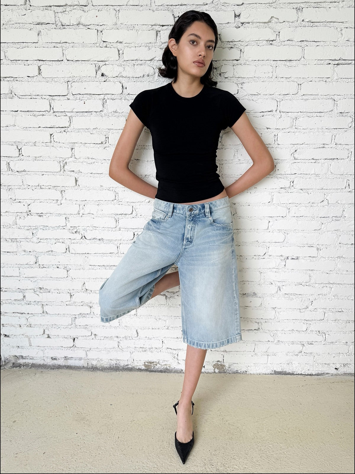 FaxCopyExpress Washed Gardener Denim Shorts in Blue - On Model