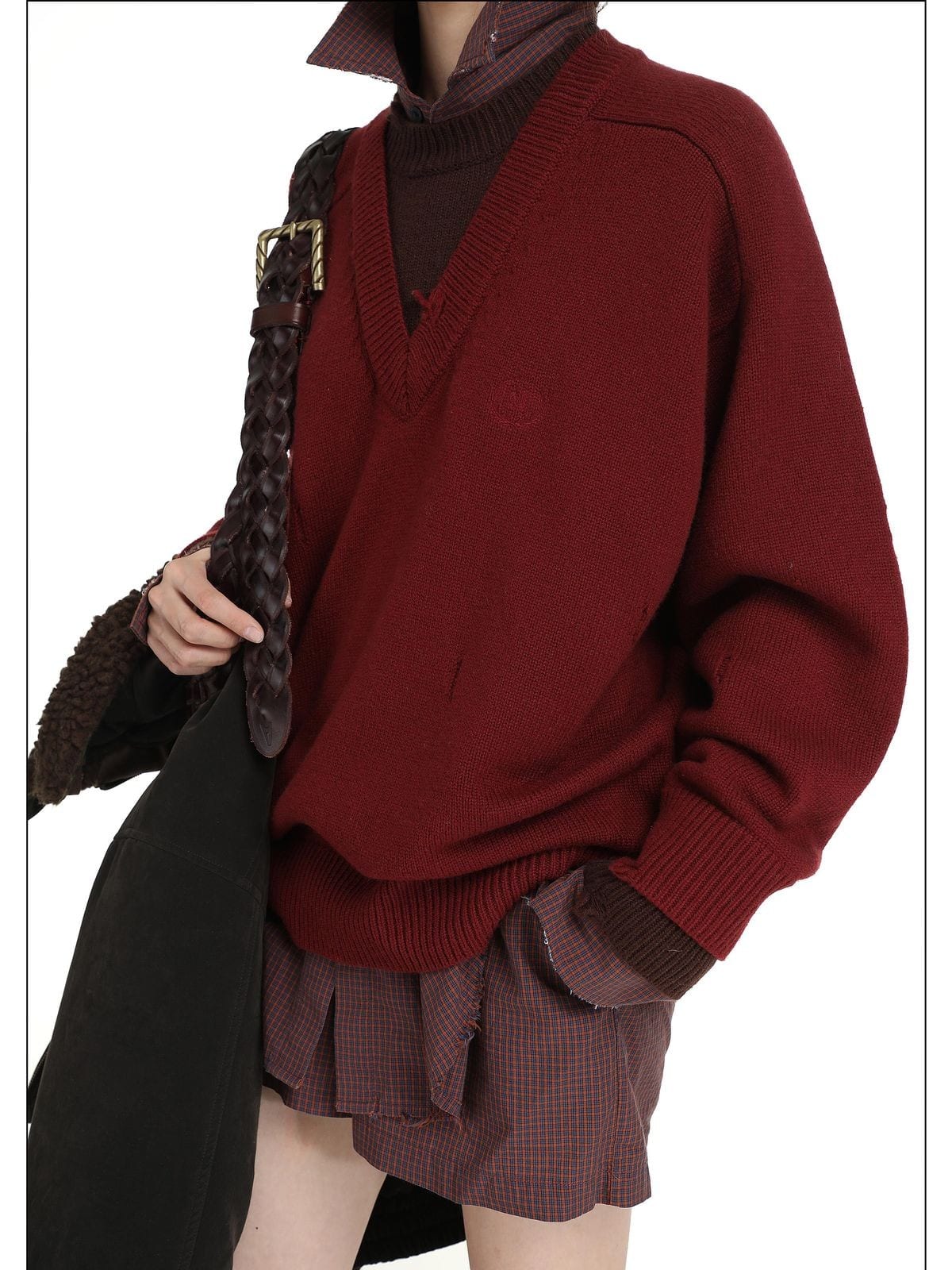 MasonPrince Mock Two Piece Wool Blend Sweater in Burgundy - On Female Model