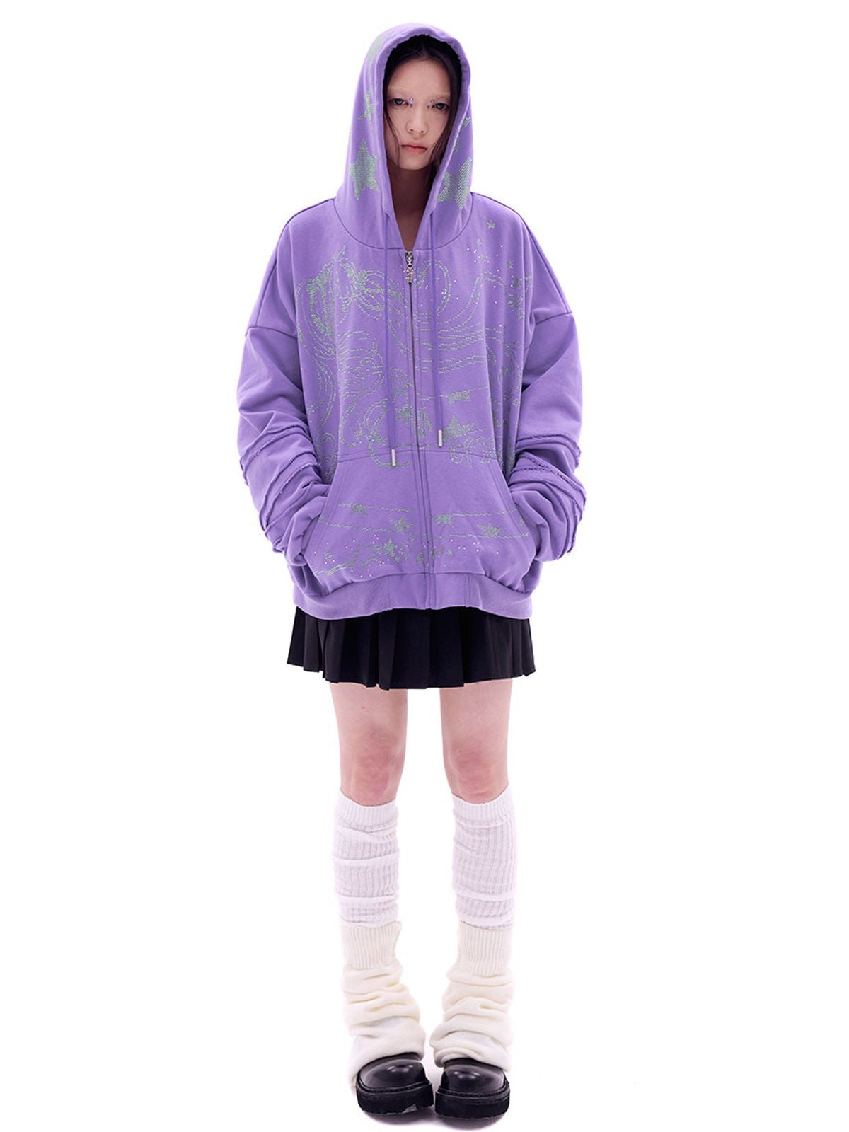 CFIERCE Rhinestone Snake Girl Zip Hoodie in Purple - On Model