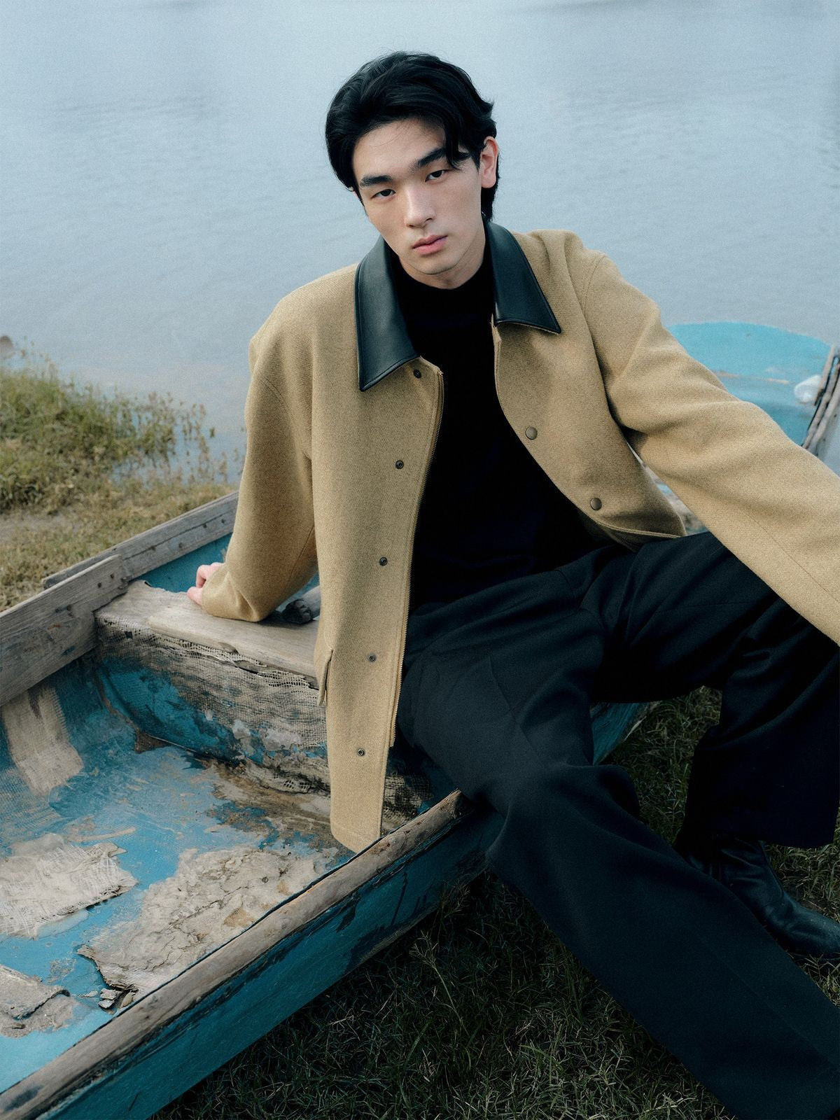 ROYA Sheepskin Collar Wool Blend Safari Jacket in Yellow - Lifestyle