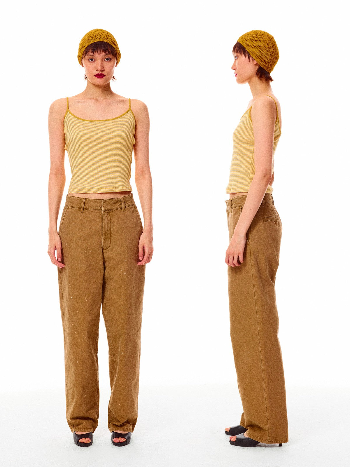 Alright Then Washed Canvas Splatter Pants in Khaki - On Model