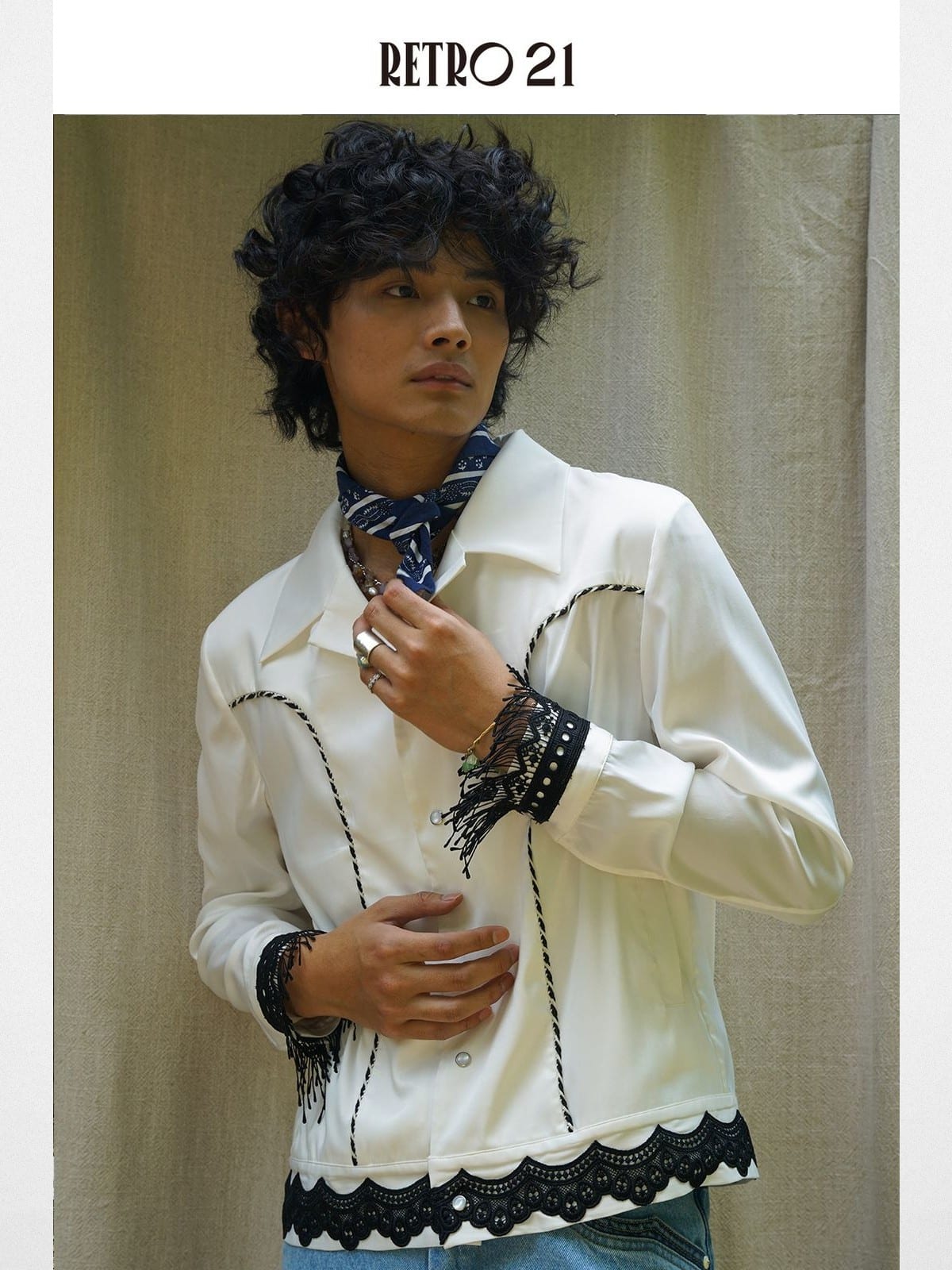 Retro21 Western Fringe Shirt Jacket in White - On Model