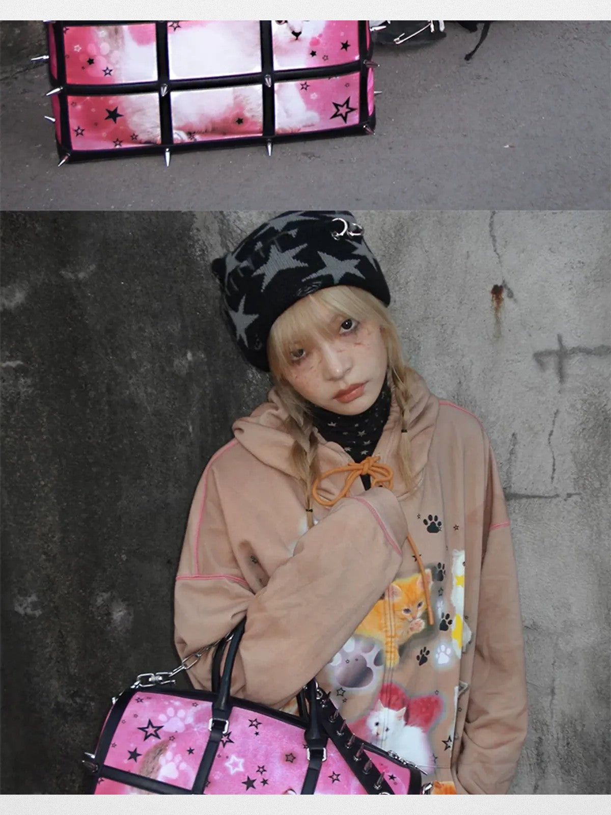 CFIERCE Spiked Cat Print Cage Bag in Red