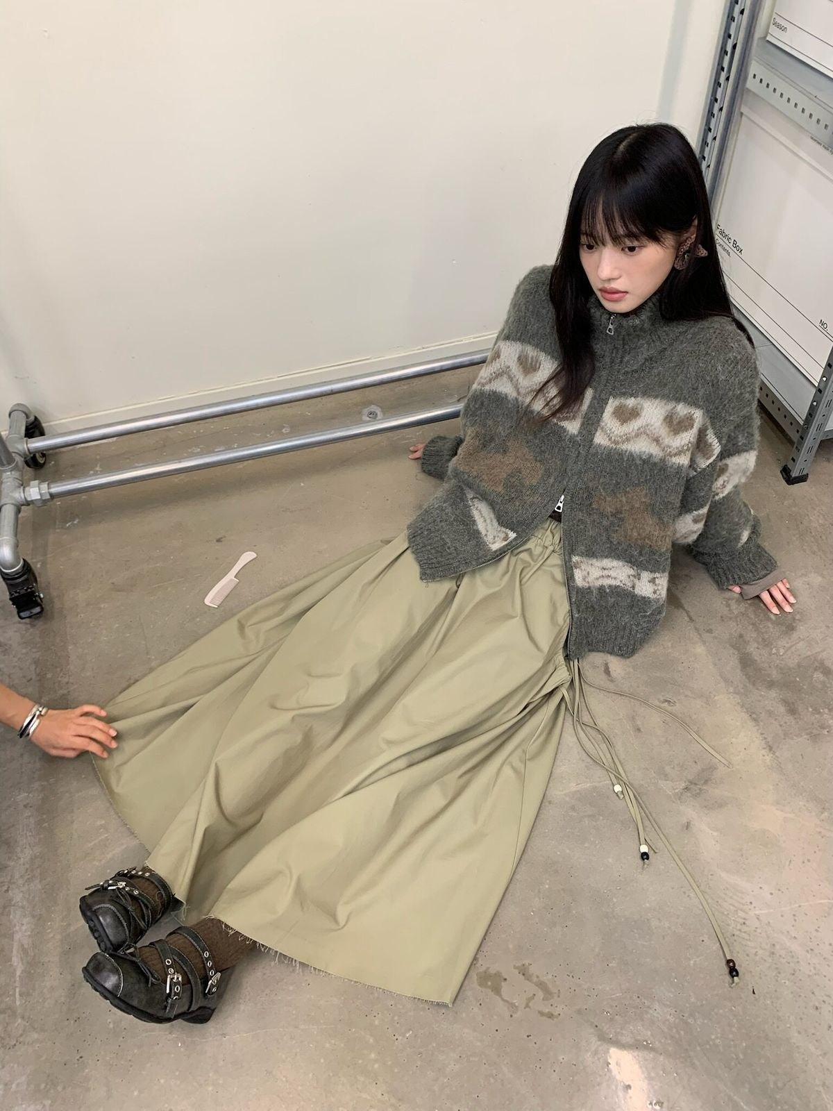 NeverSeez Fair Isle Dog Zip Up Cardigan in Gray - On Female Model