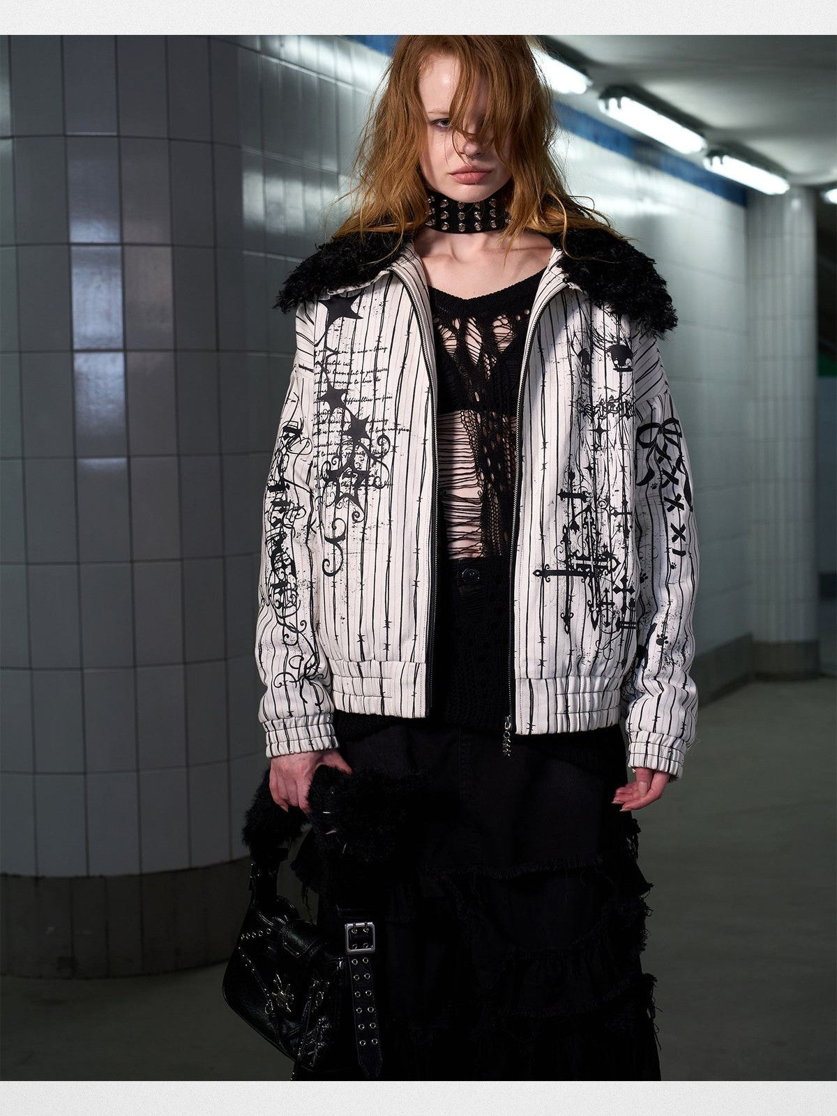 CFIERCE Thorn Stripe Fur Collar Jacket in White - On Female Model