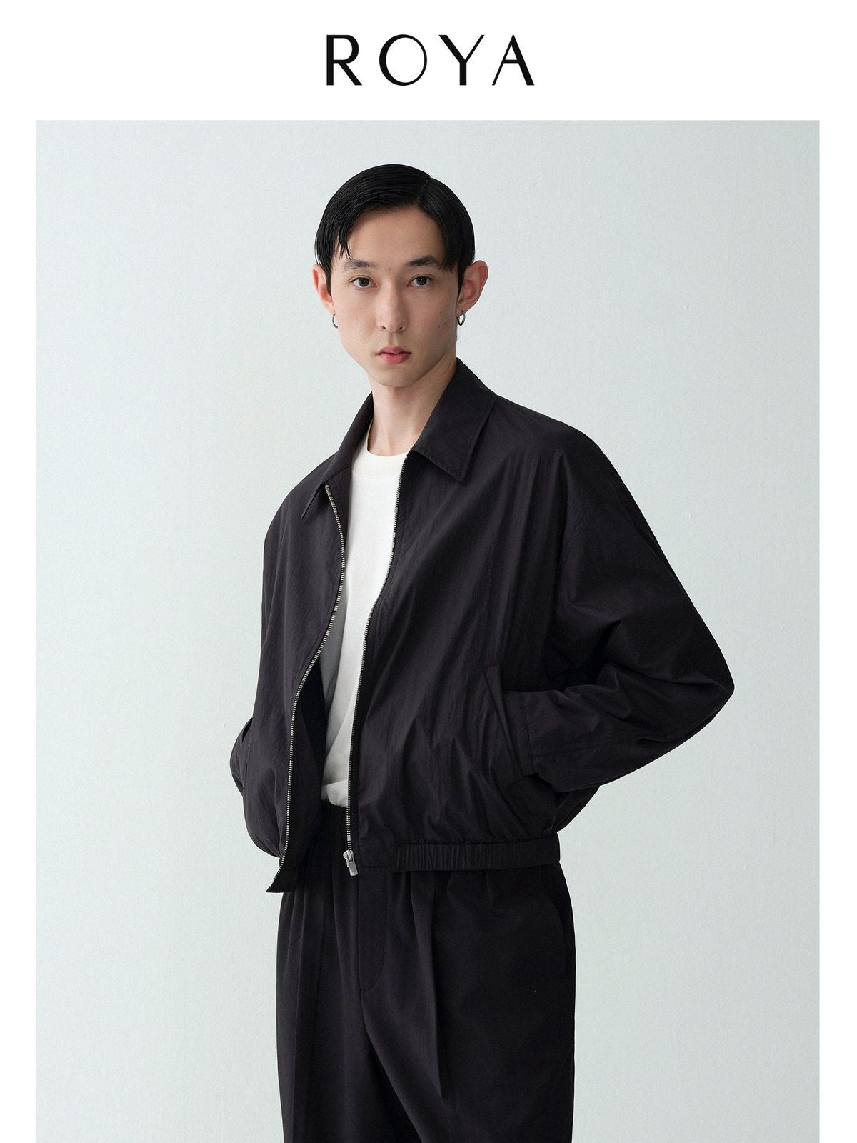 ROYA Crinkled Lyocell Blend Jacket in Black - On Model